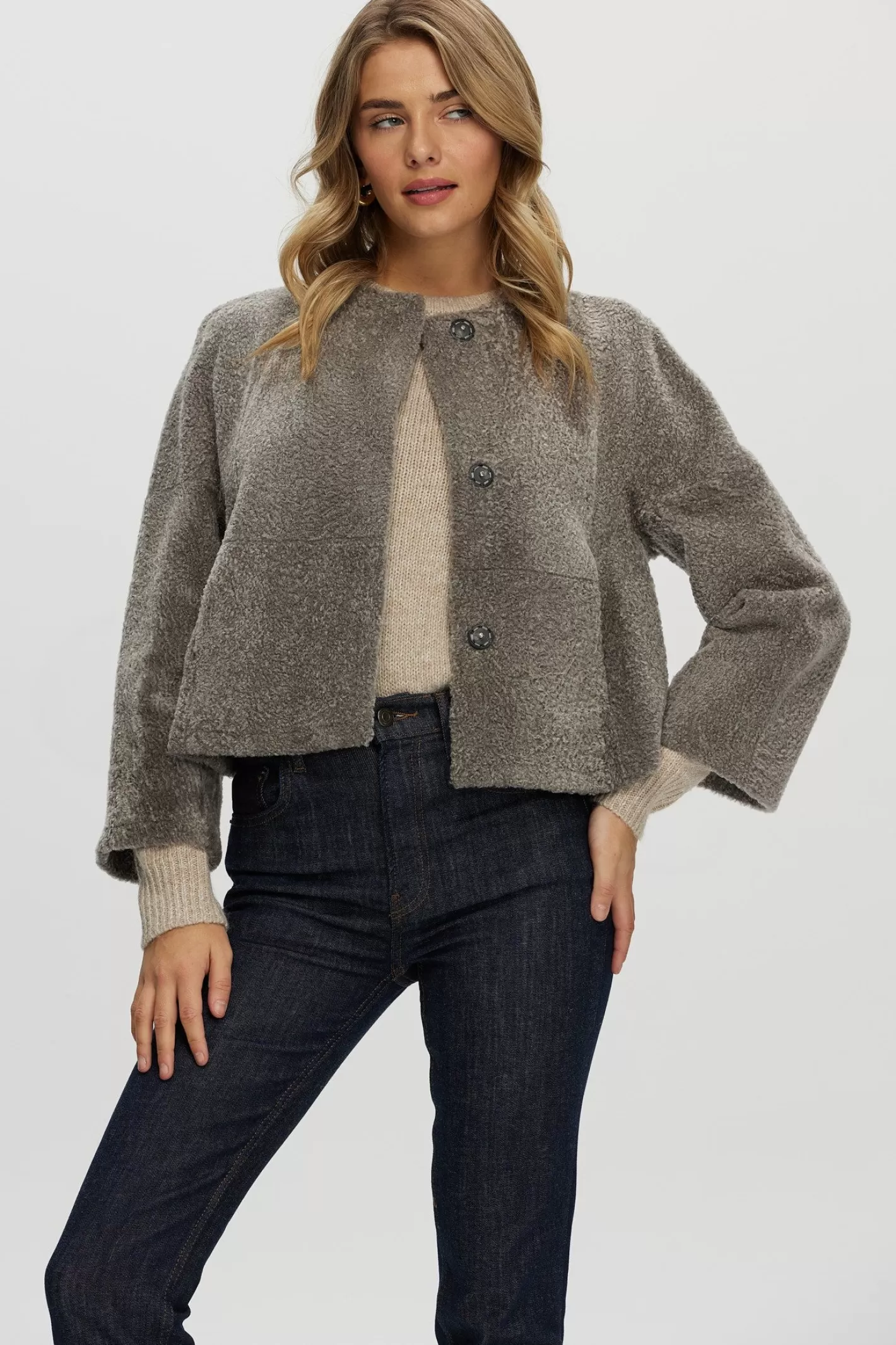 Women GORSKI Montreal Reversible Collarless New Zealand Shearling Lamb Jacket With 3/4 Sleeves