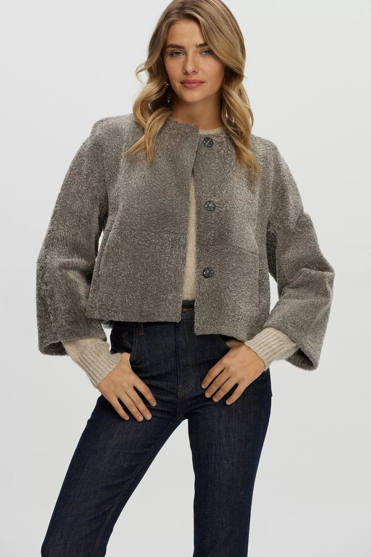 Women GORSKI Montreal Reversible Collarless New Zealand Shearling Lamb Jacket With 3/4 Sleeves
