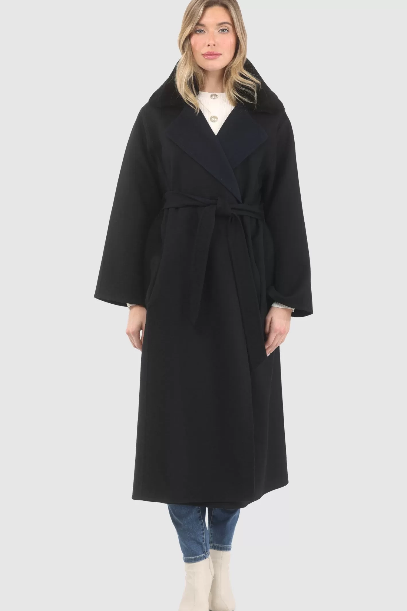 Women GORSKI Montreal Reversible Loro Piana Wool Coat With Detachable Select Shearling Lamb Collar, Belt