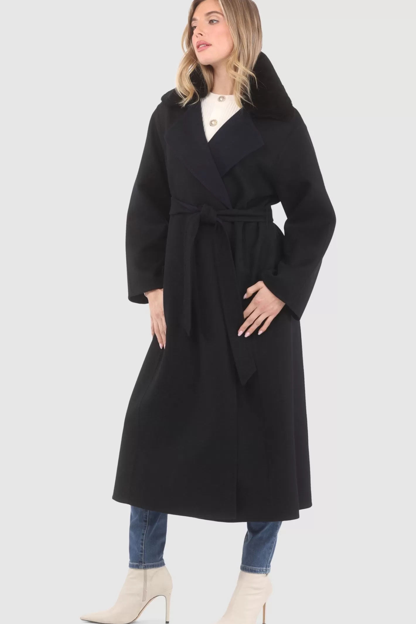 Women GORSKI Montreal Reversible Loro Piana Wool Coat With Detachable Select Shearling Lamb Collar, Belt
