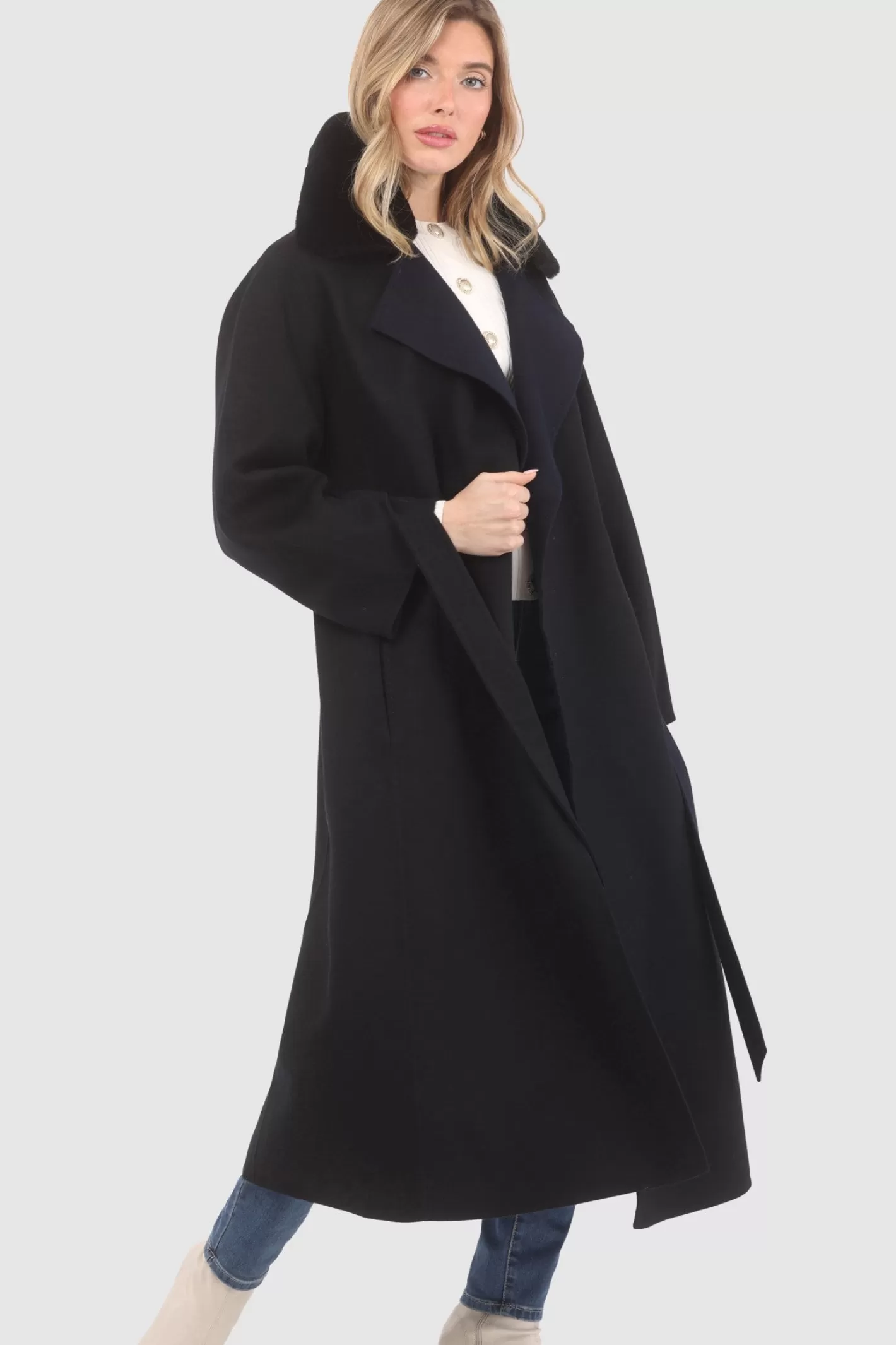 Women GORSKI Montreal Reversible Loro Piana Wool Coat With Detachable Select Shearling Lamb Collar, Belt