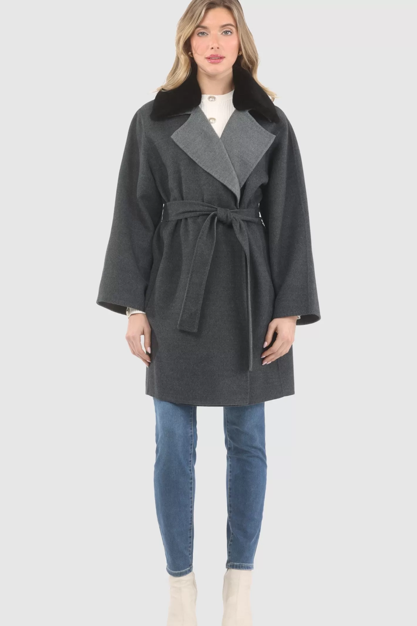 Women GORSKI Montreal Reversible Loro Piana Wool Stroller With Detachable Select Shearling Lamb Collar, Belt