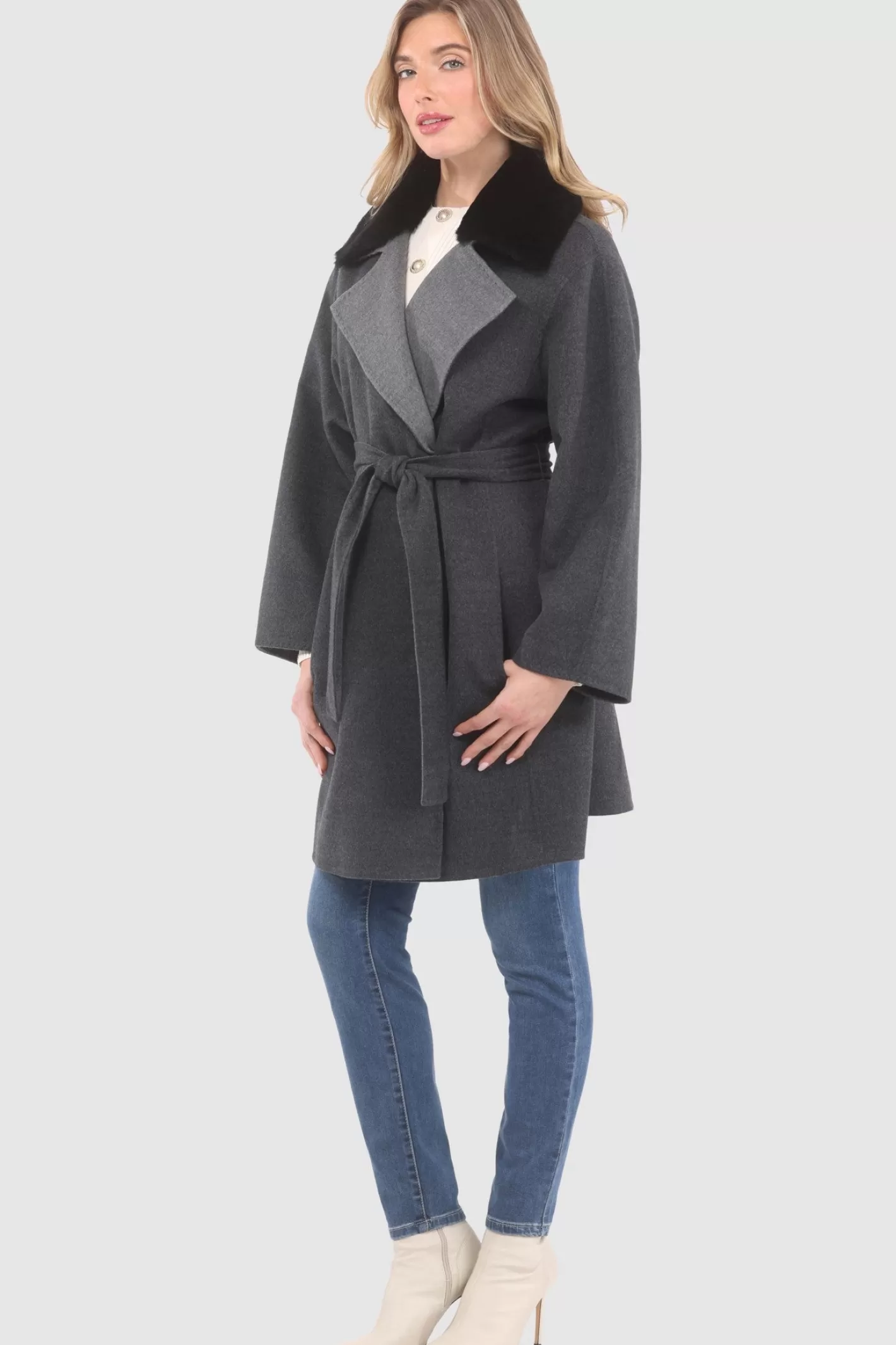 Women GORSKI Montreal Reversible Loro Piana Wool Stroller With Detachable Select Shearling Lamb Collar, Belt