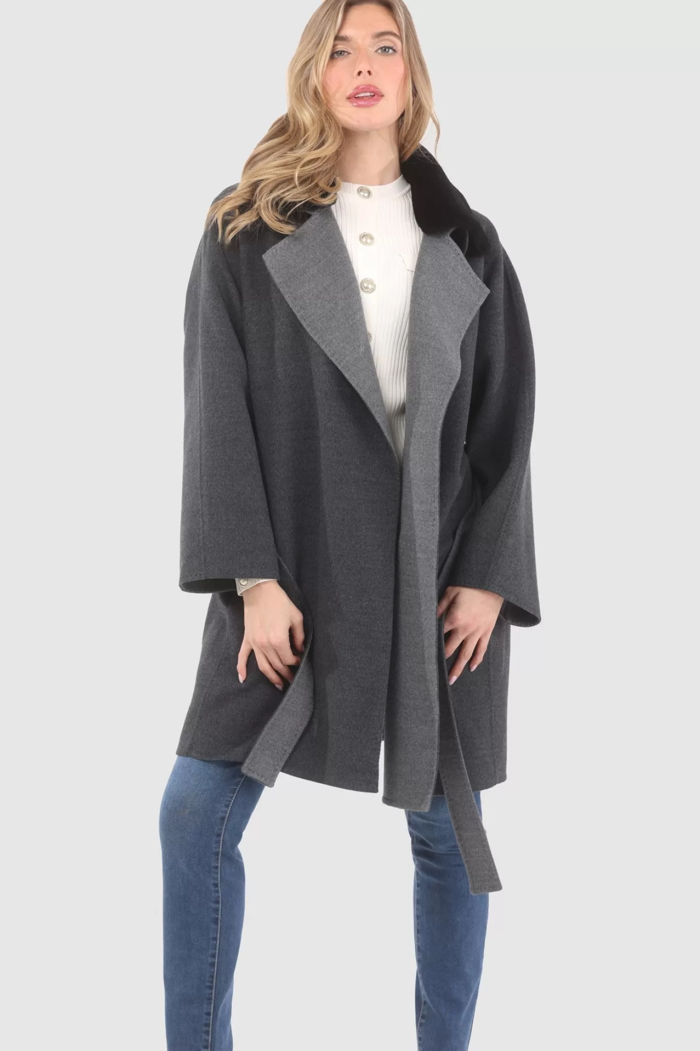 Women GORSKI Montreal Reversible Loro Piana Wool Stroller With Detachable Select Shearling Lamb Collar, Belt