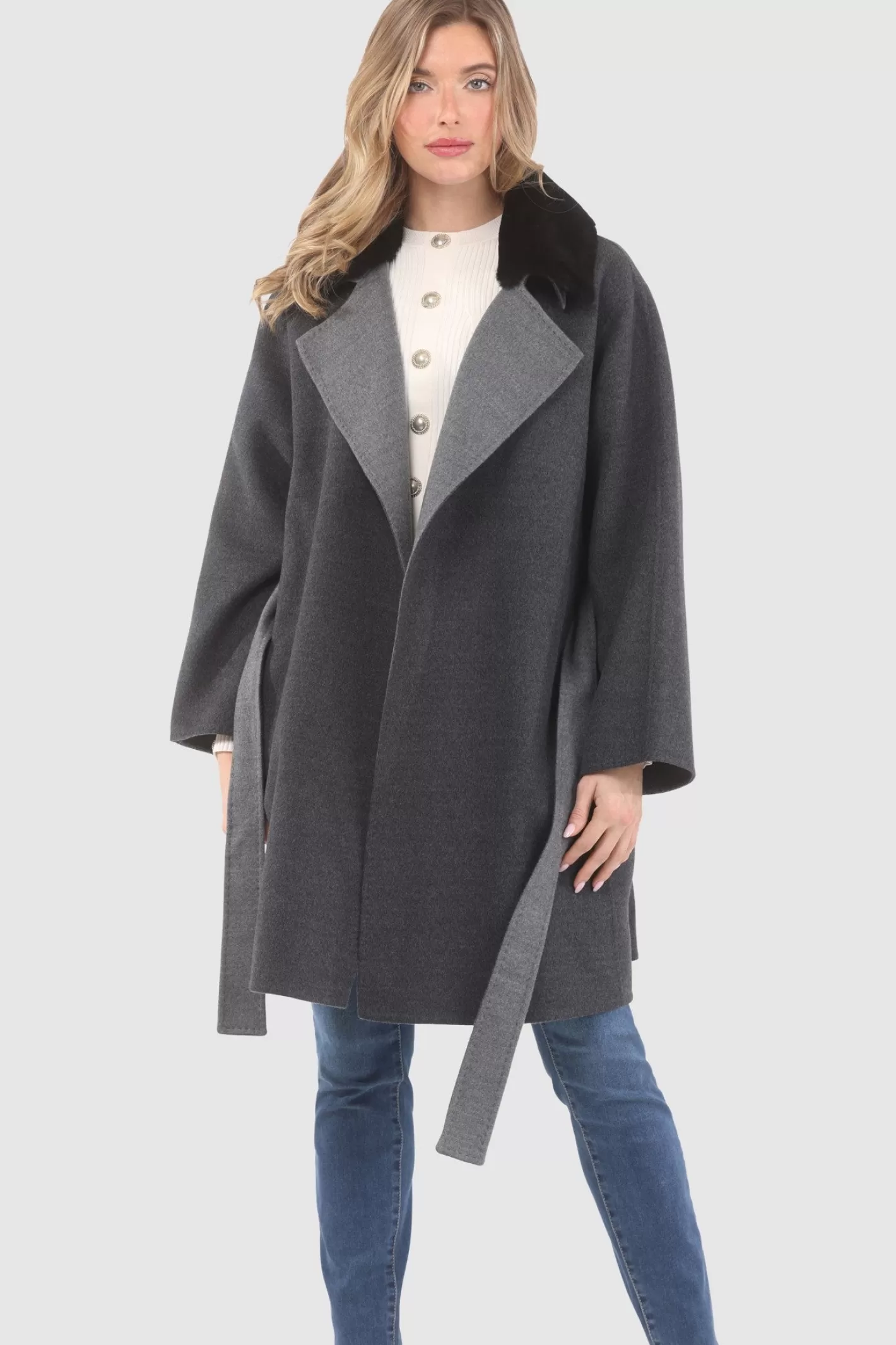 Women GORSKI Montreal Reversible Loro Piana Wool Stroller With Detachable Select Shearling Lamb Collar, Belt