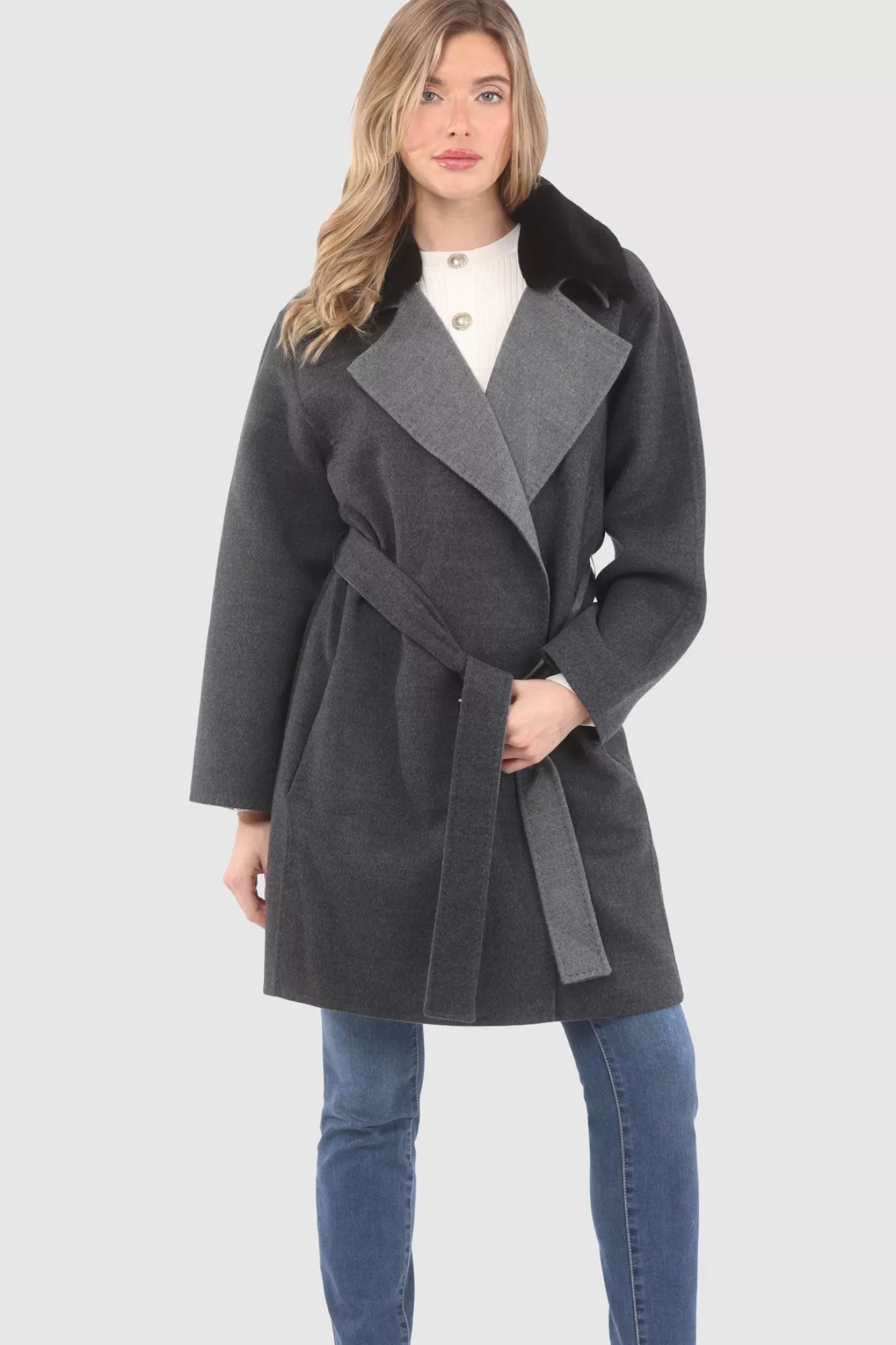 Women GORSKI Montreal Reversible Loro Piana Wool Stroller With Detachable Select Shearling Lamb Collar, Belt