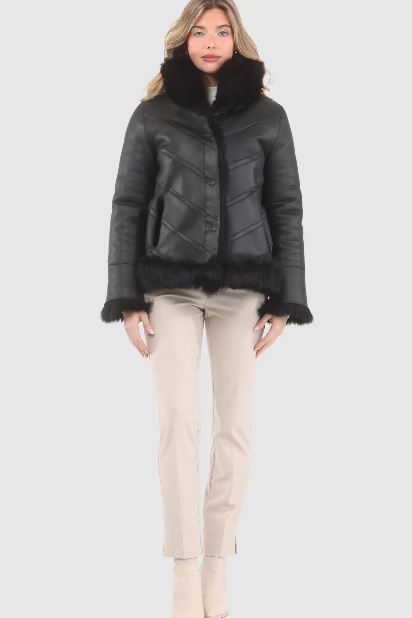 Women GORSKI Montreal Reversible Merinillo Shearling Lamb Chevron Jacket With Horizontal Bottom