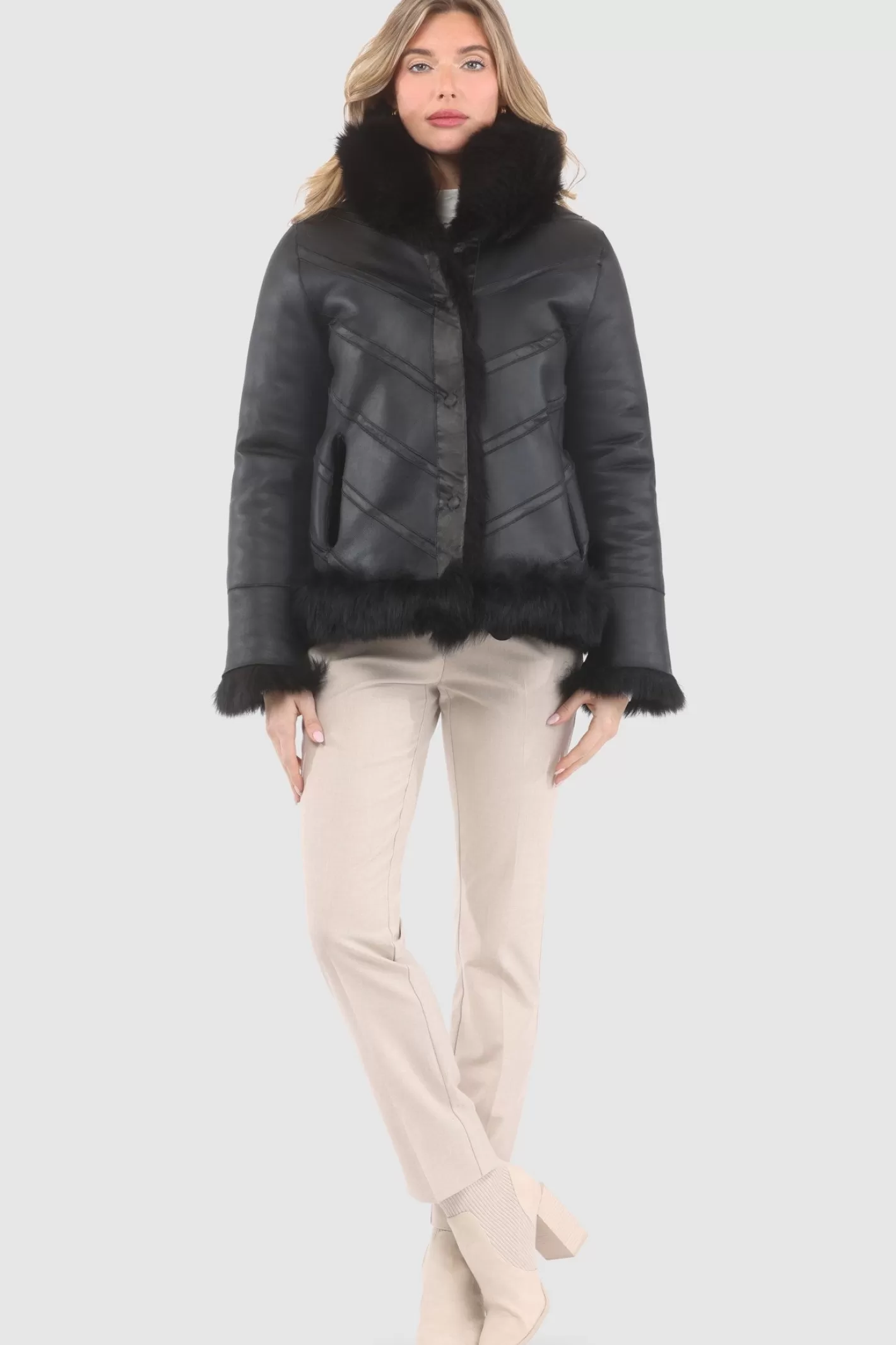 Women GORSKI Montreal Reversible Merinillo Shearling Lamb Chevron Jacket With Horizontal Bottom