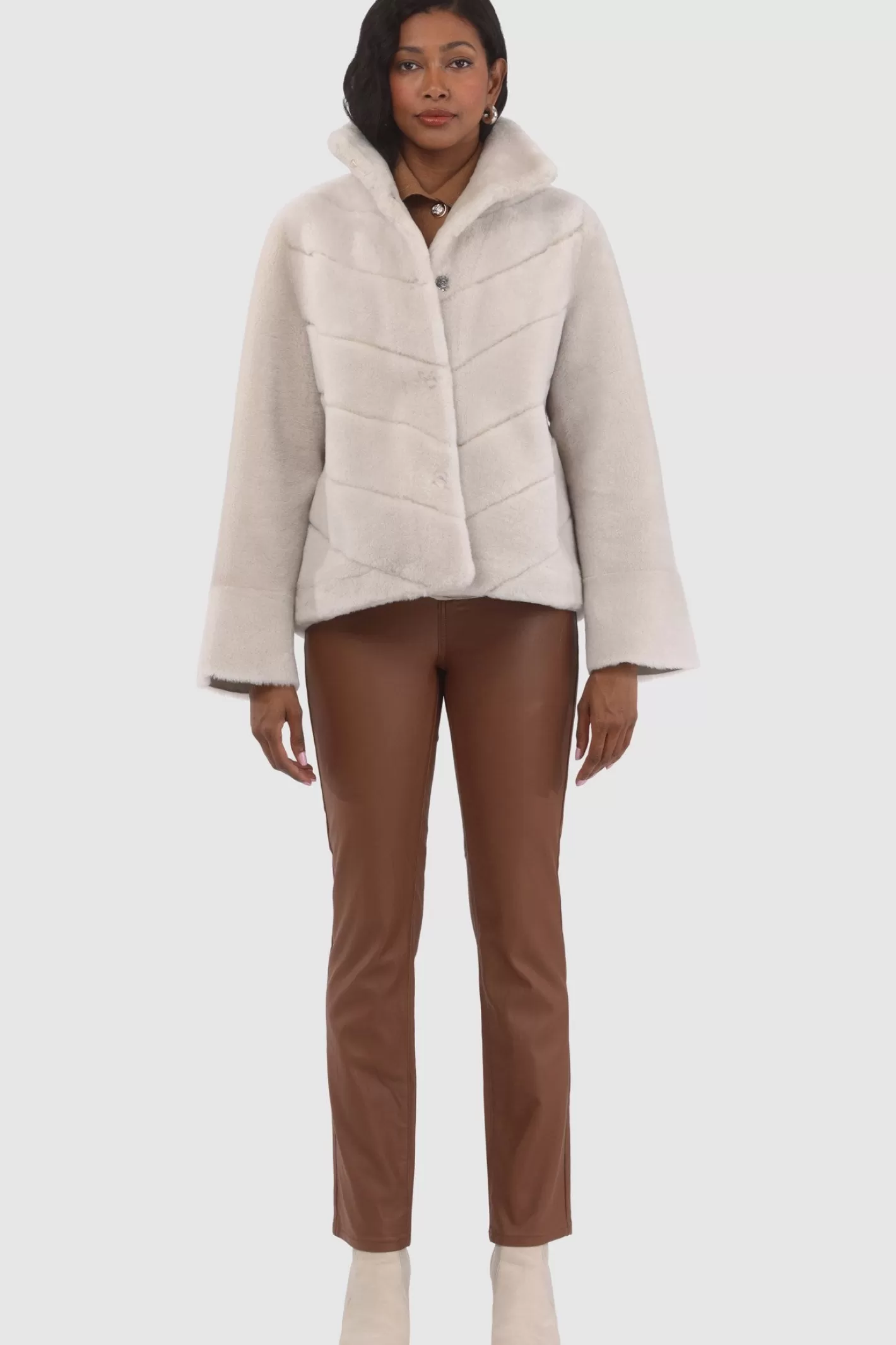 Women GORSKI Montreal Reversible Merino Shearling Lamb Chevron Jacket With Horizontal Bottom