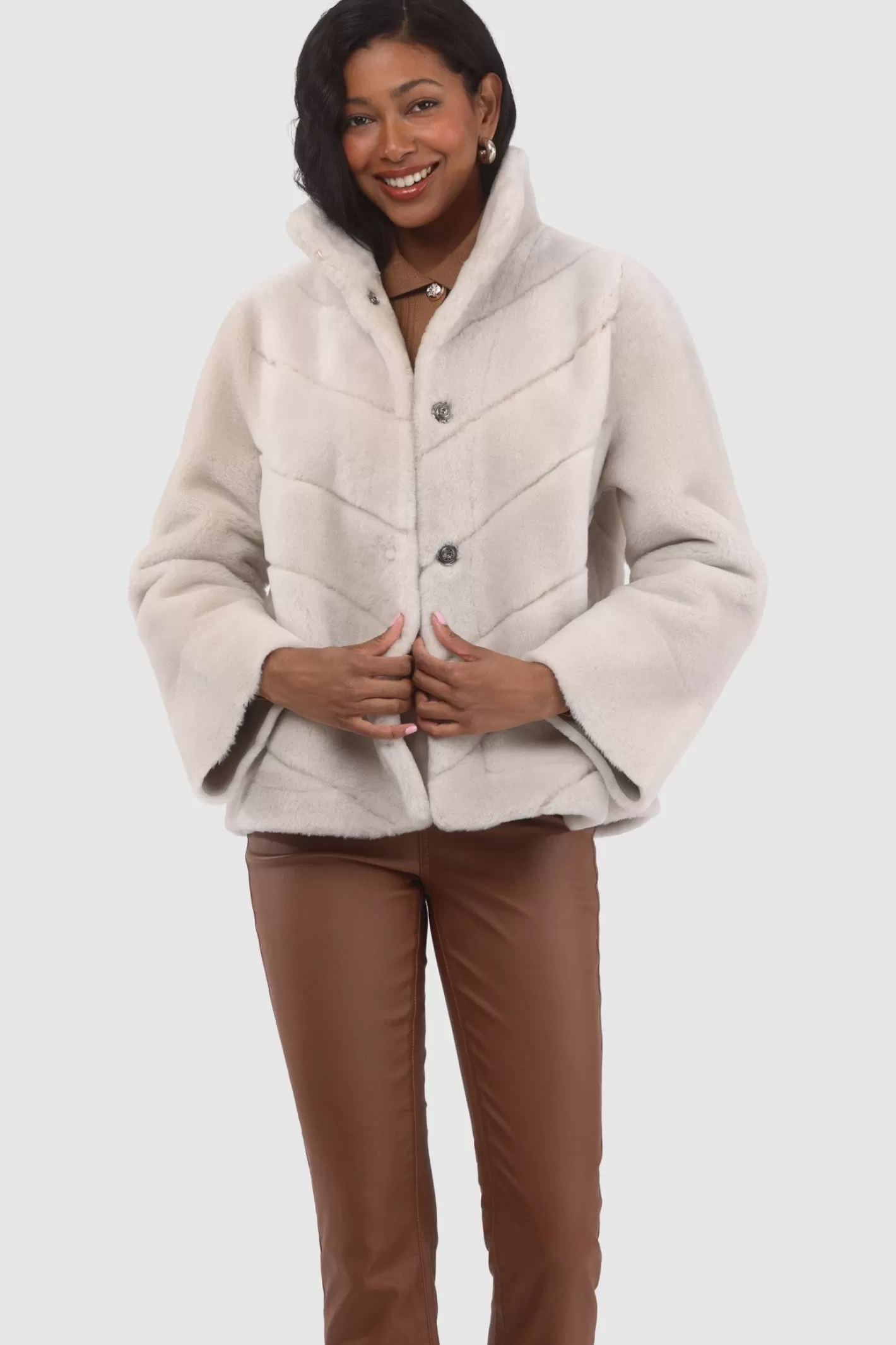 Women GORSKI Montreal Reversible Merino Shearling Lamb Chevron Jacket With Horizontal Bottom