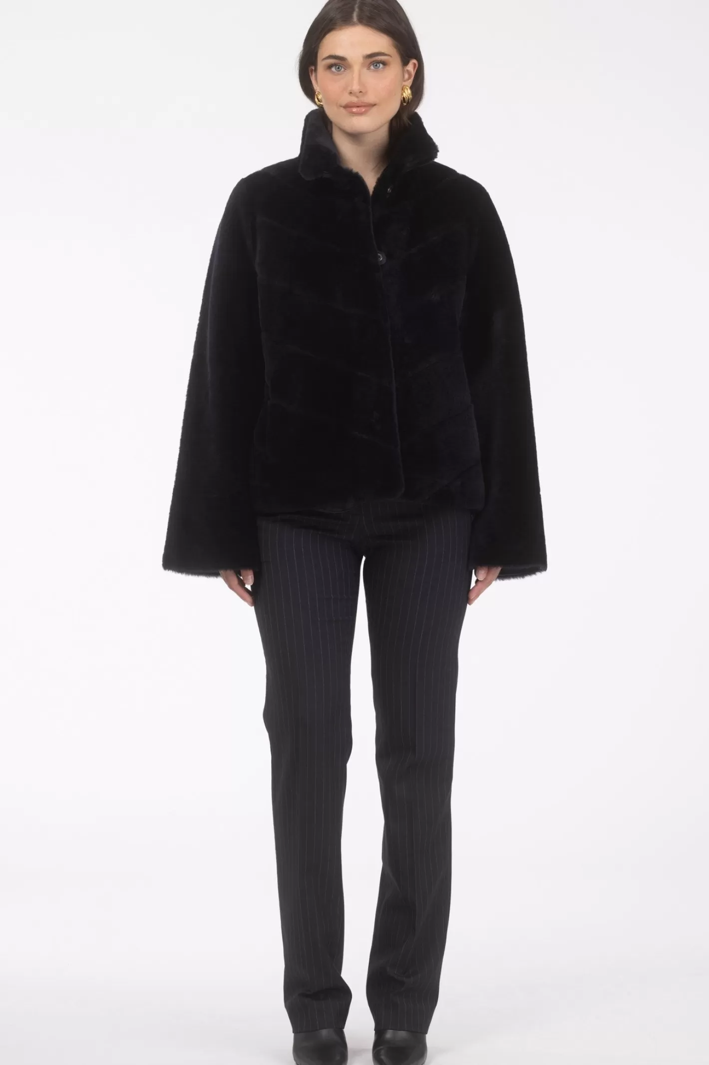Women GORSKI Montreal Reversible Merino Shearling Lamb Chevron Jacket With Horizontal Bottom