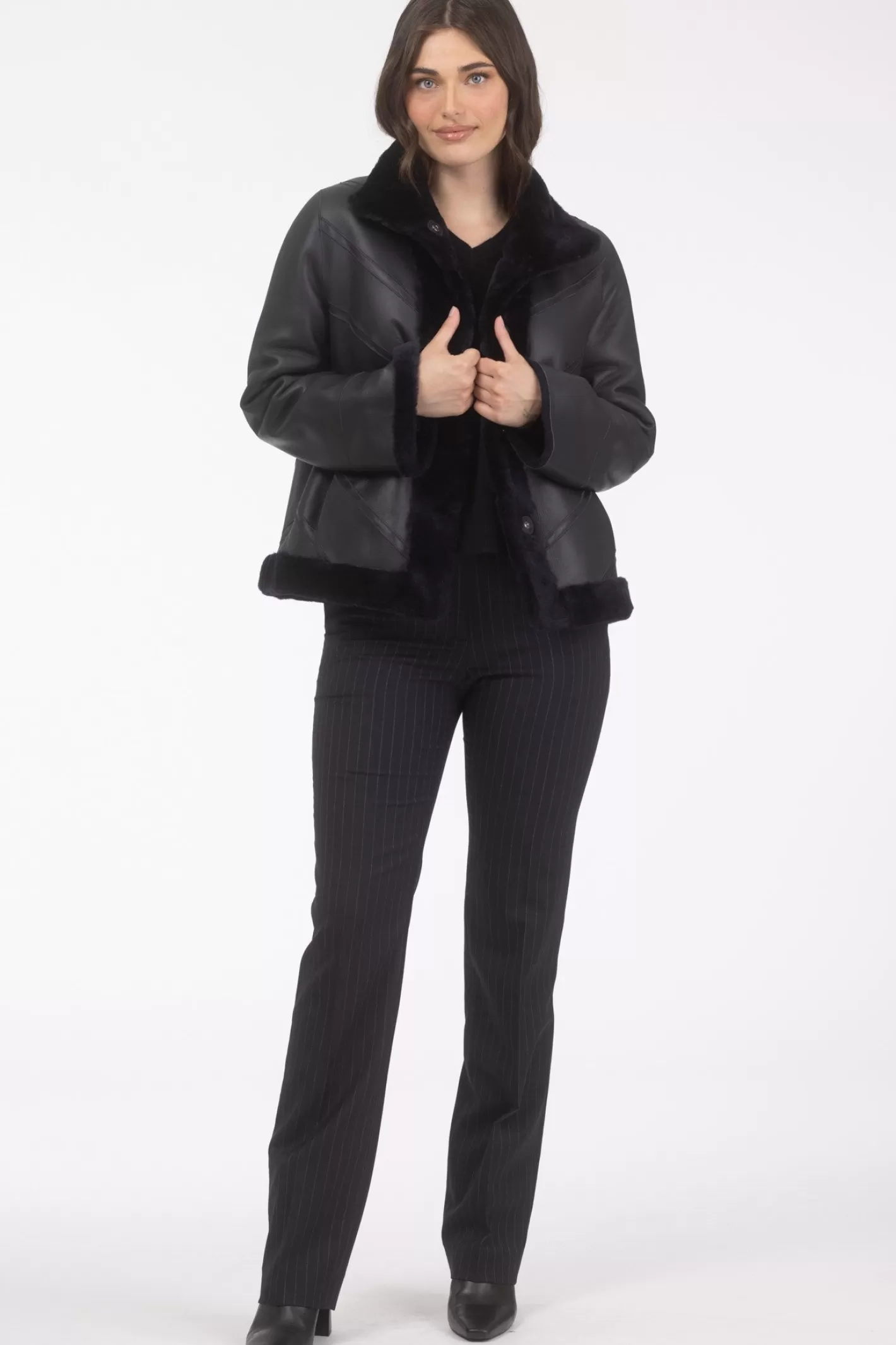 Women GORSKI Montreal Reversible Merino Shearling Lamb Chevron Jacket With Horizontal Bottom