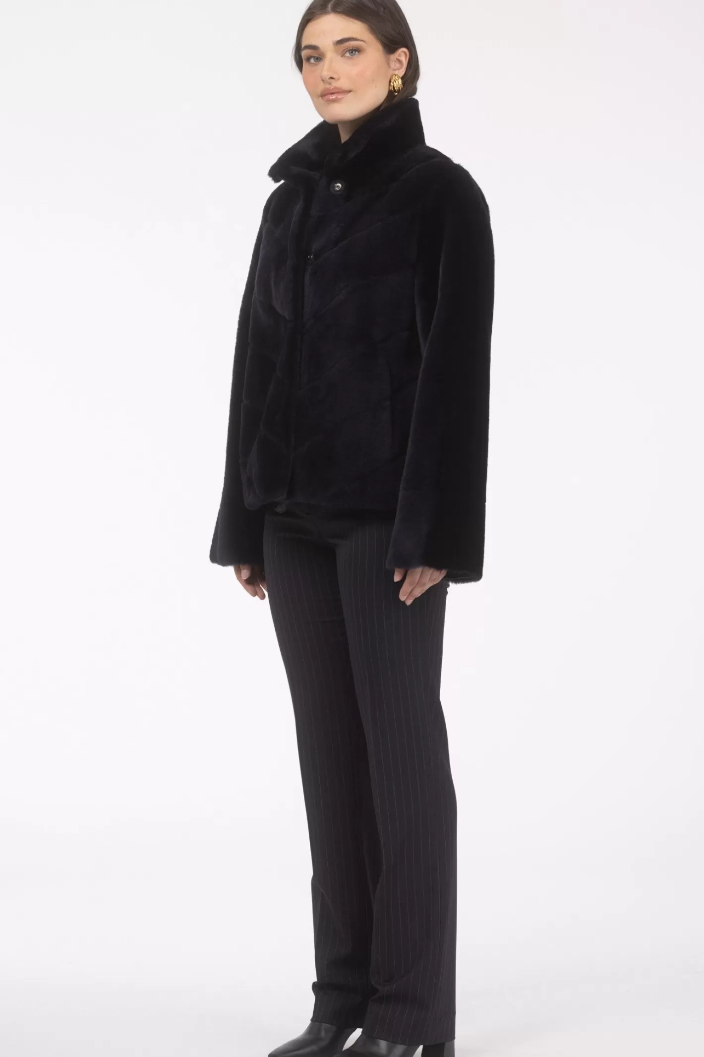 Women GORSKI Montreal Reversible Merino Shearling Lamb Chevron Jacket With Horizontal Bottom