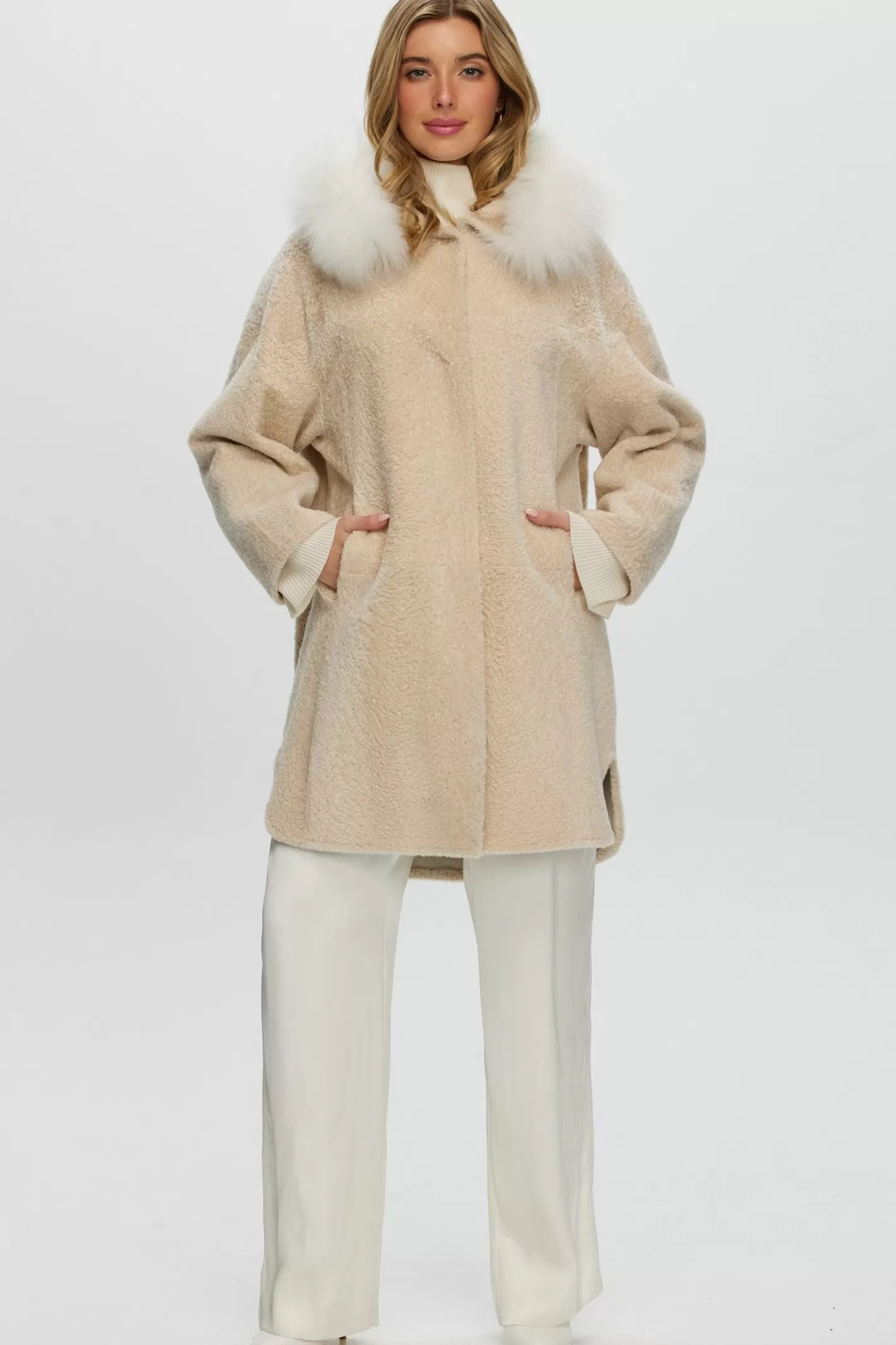 Women GORSKI Montreal Reversible New Zealand Shearling Lamb Stroller With Select Mongolian Lamb Hood Trim