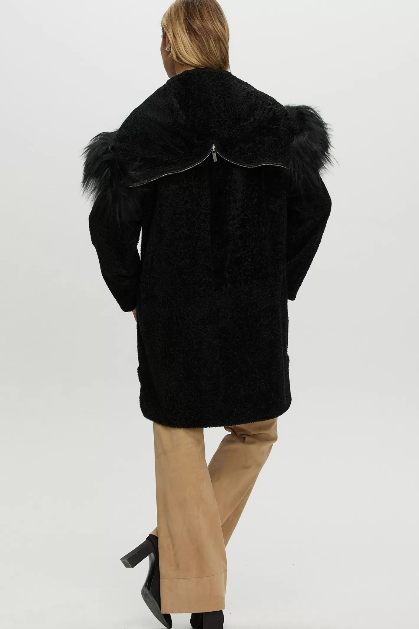 Women GORSKI Montreal Reversible New Zealand Shearling Lamb Stroller With Select Mongolian Lamb Hood Trim