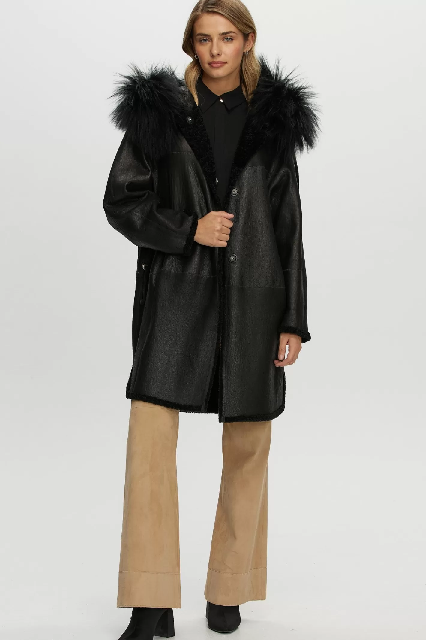 Women GORSKI Montreal Reversible New Zealand Shearling Lamb Stroller With Select Mongolian Lamb Hood Trim