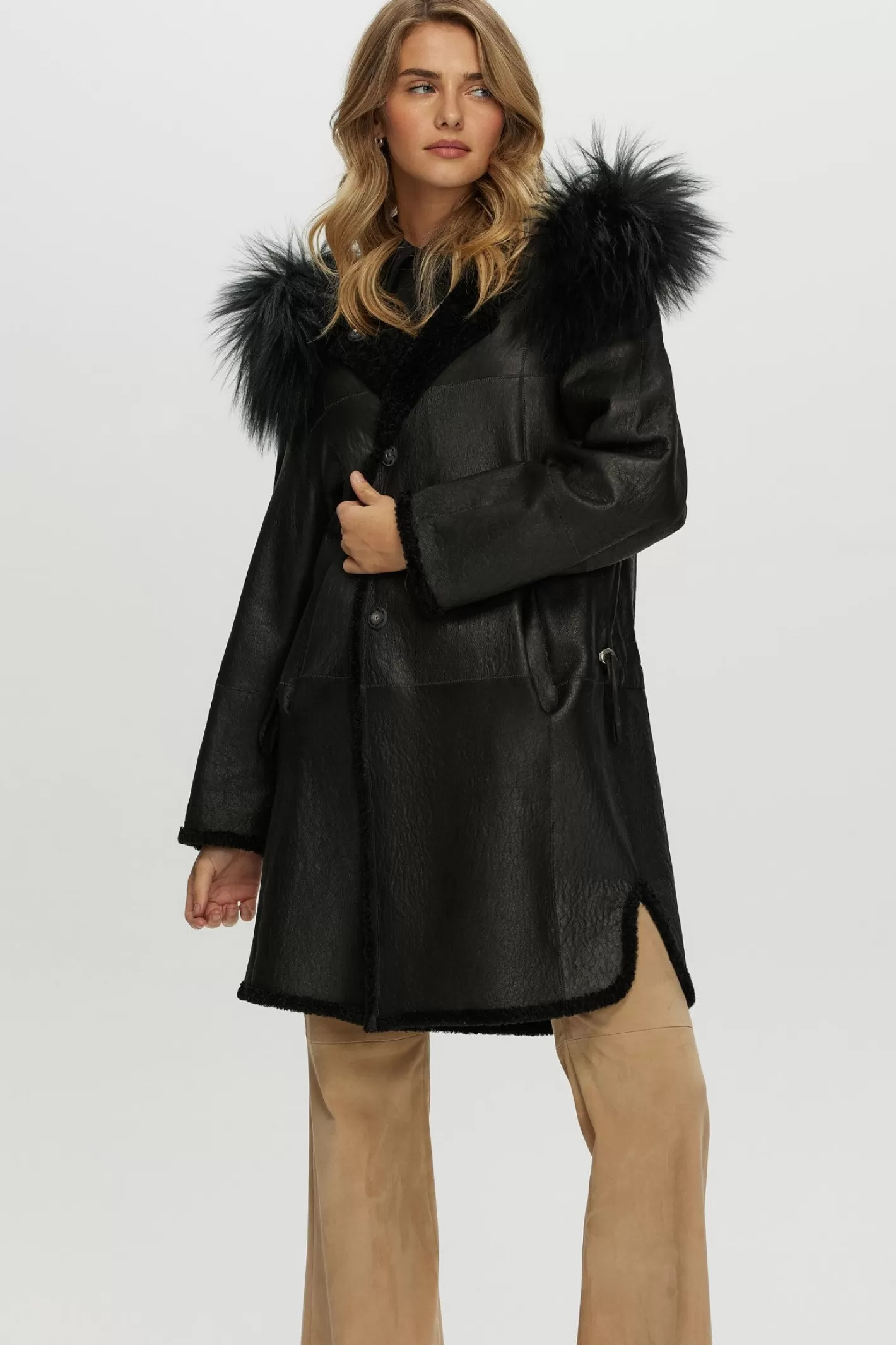 Women GORSKI Montreal Reversible New Zealand Shearling Lamb Stroller With Select Mongolian Lamb Hood Trim