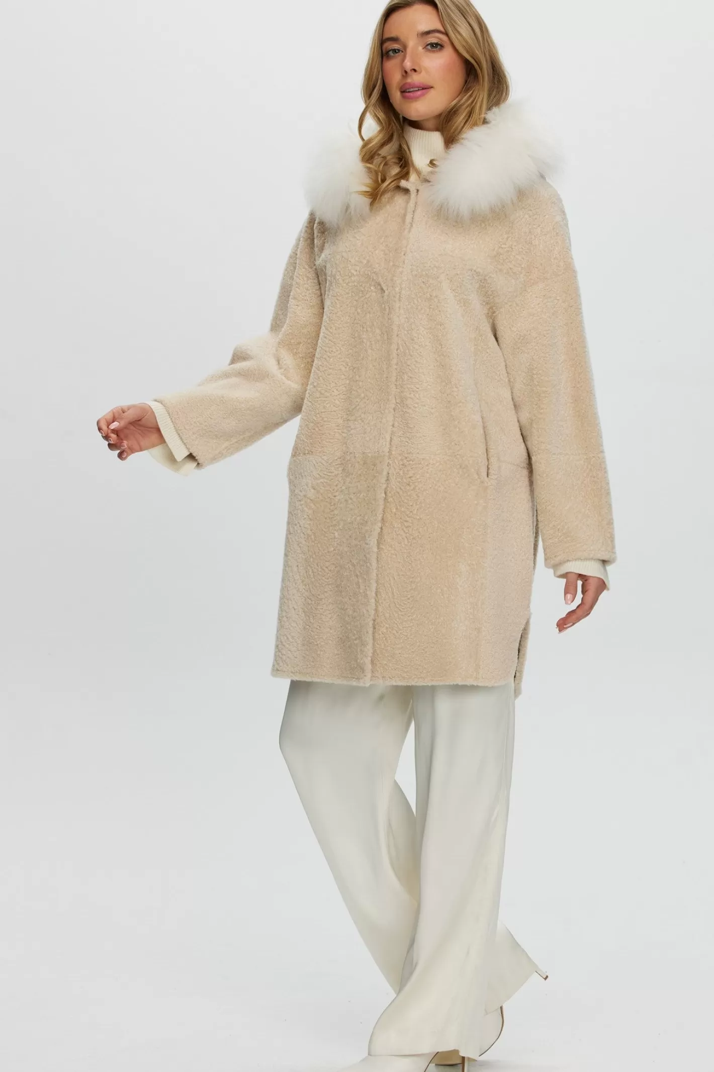 Women GORSKI Montreal Reversible New Zealand Shearling Lamb Stroller With Select Mongolian Lamb Hood Trim