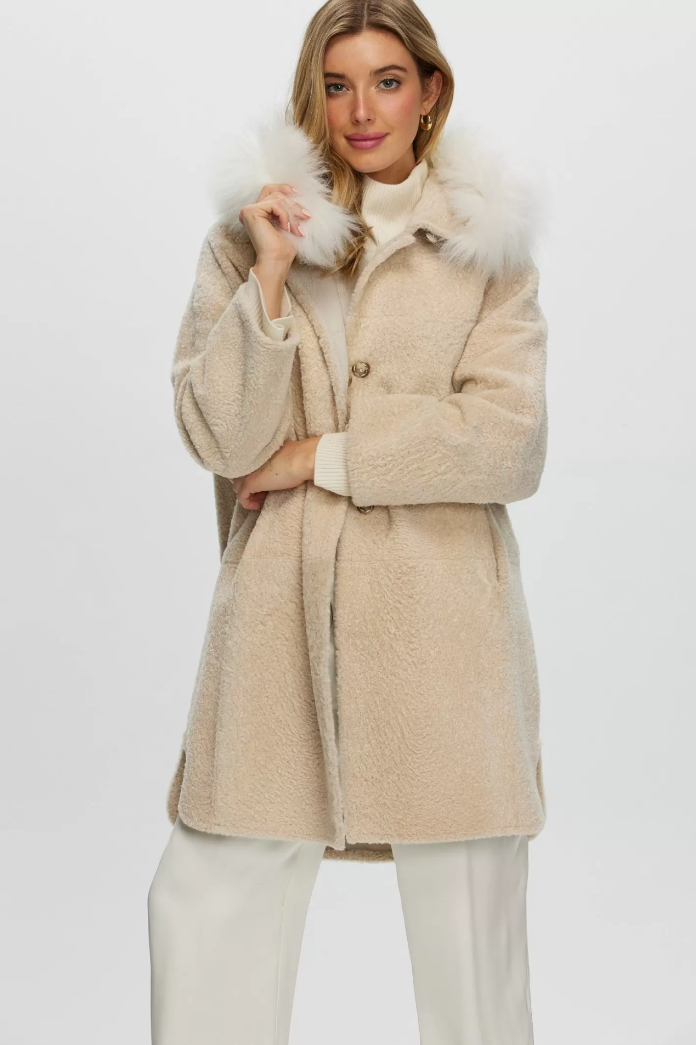 Women GORSKI Montreal Reversible New Zealand Shearling Lamb Stroller With Select Mongolian Lamb Hood Trim