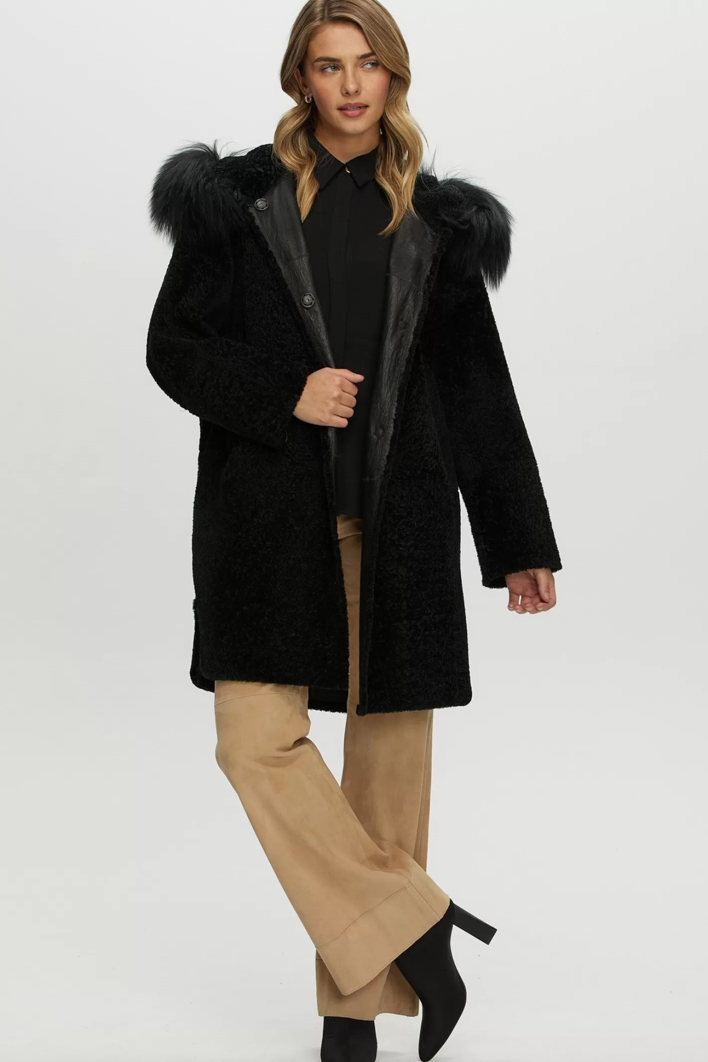 Women GORSKI Montreal Reversible New Zealand Shearling Lamb Stroller With Select Mongolian Lamb Hood Trim
