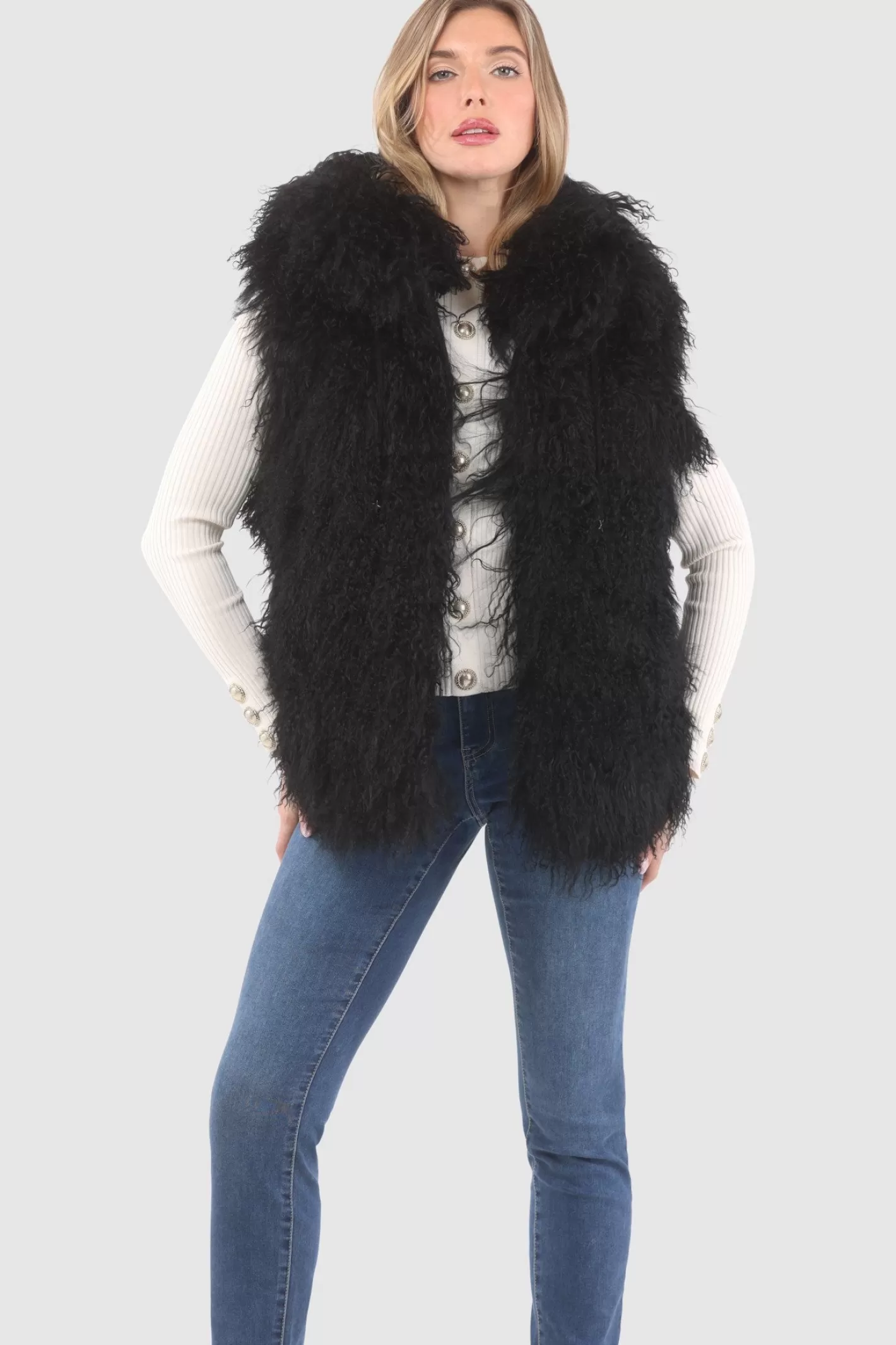 Women GORSKI Montreal Reversible Select Mongolian Shearling Lamb Vest With Loro Piana Cashmere & Wool Back
