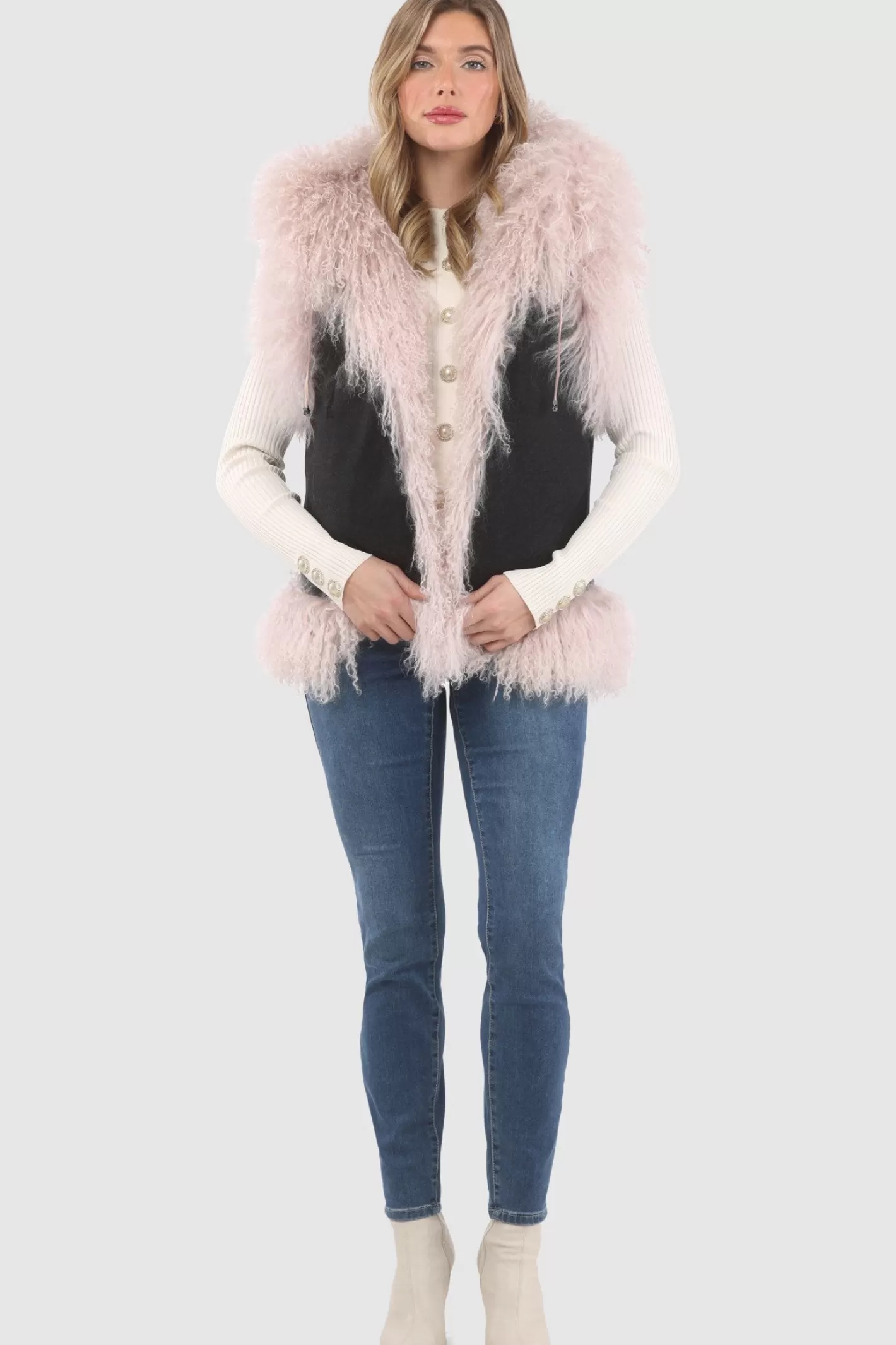 Women GORSKI Montreal Reversible Select Mongolian Shearling Lamb Vest With Loro Piana Cashmere & Wool Back