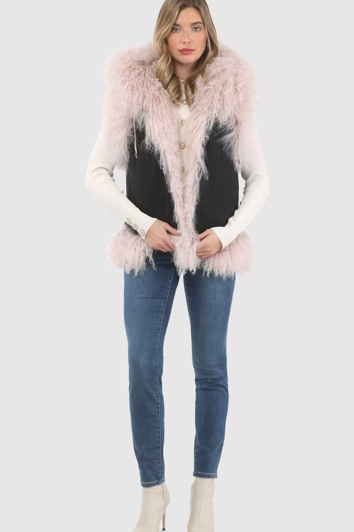 Women GORSKI Montreal Reversible Select Mongolian Shearling Lamb Vest With Loro Piana Cashmere & Wool Back