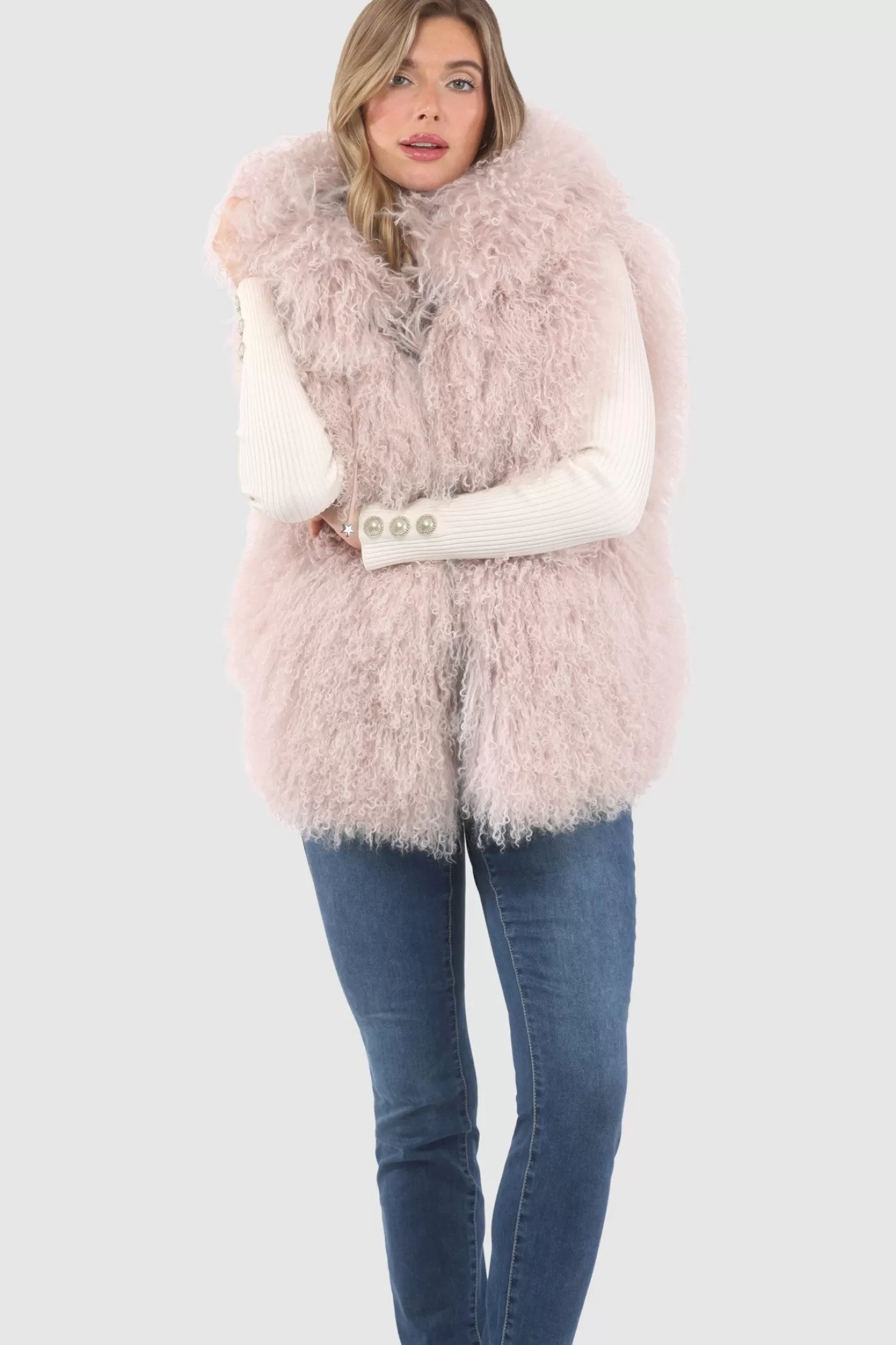 Women GORSKI Montreal Reversible Select Mongolian Shearling Lamb Vest With Loro Piana Cashmere & Wool Back