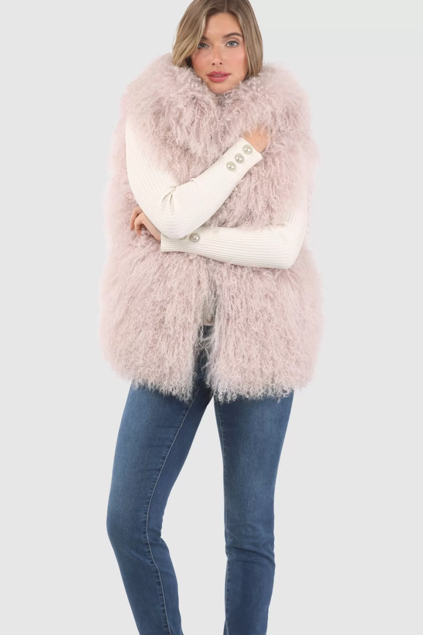 Women GORSKI Montreal Reversible Select Mongolian Shearling Lamb Vest With Loro Piana Cashmere & Wool Back