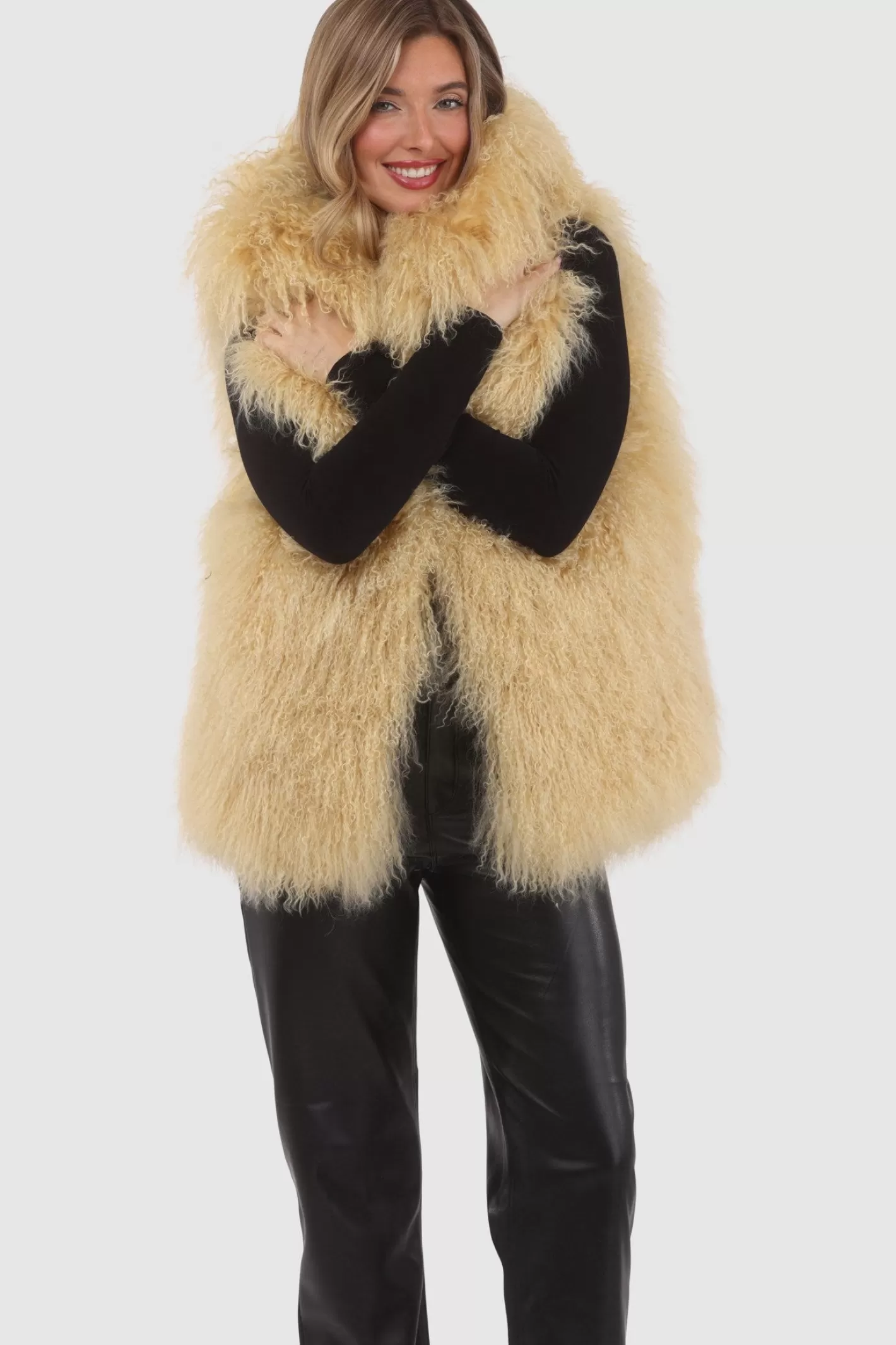 Women GORSKI Montreal Reversible Select Mongolian Shearling Lamb Vest With Loro Piana Cashmere & Wool Back