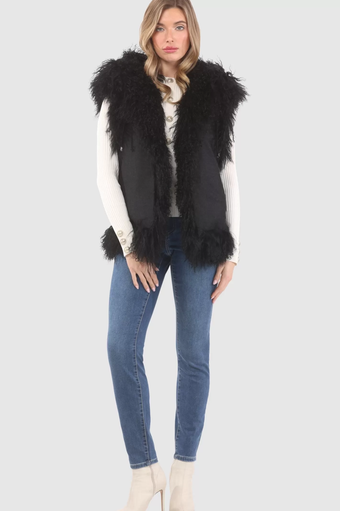 Women GORSKI Montreal Reversible Select Mongolian Shearling Lamb Vest With Loro Piana Cashmere & Wool Back