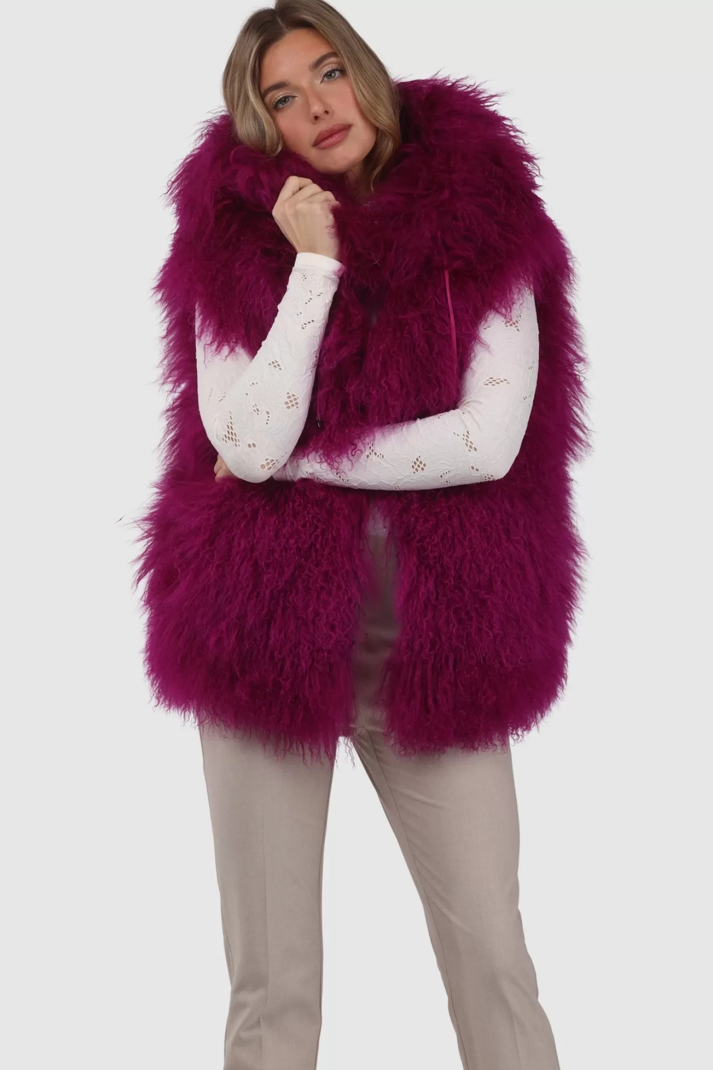 Women GORSKI Montreal Reversible Select Mongolian Shearling Lamb Vest With Loro Piana Cashmere & Wool Back