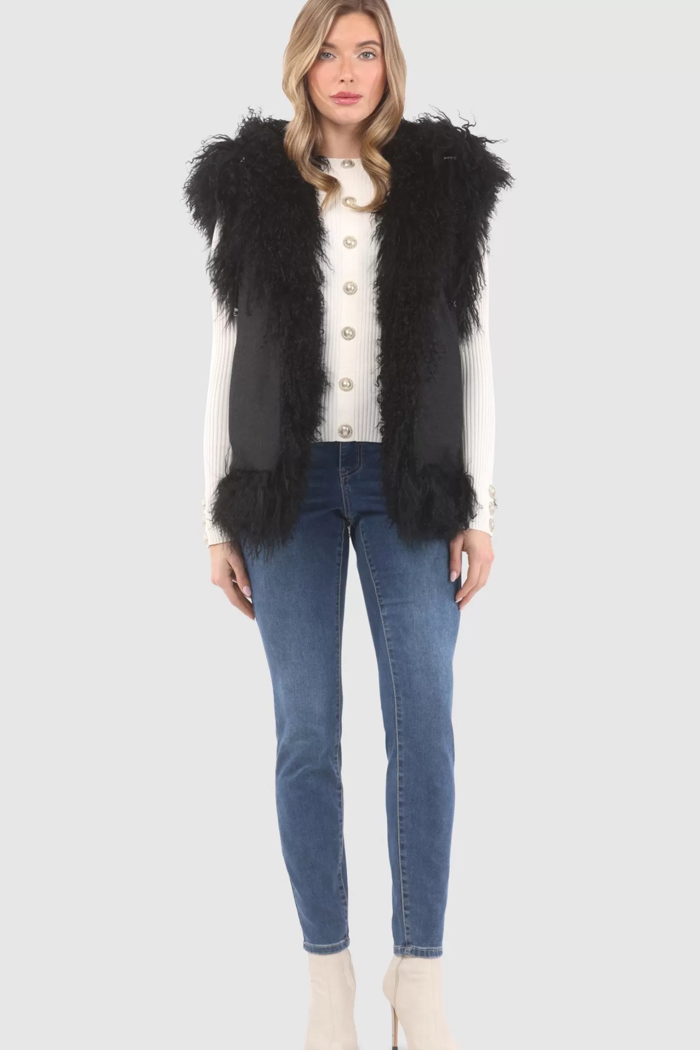 Women GORSKI Montreal Reversible Select Mongolian Shearling Lamb Vest With Loro Piana Cashmere & Wool Back