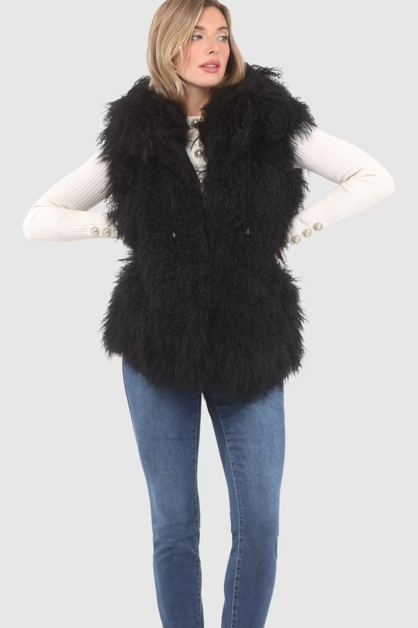 Women GORSKI Montreal Reversible Select Mongolian Shearling Lamb Vest With Loro Piana Cashmere & Wool Back