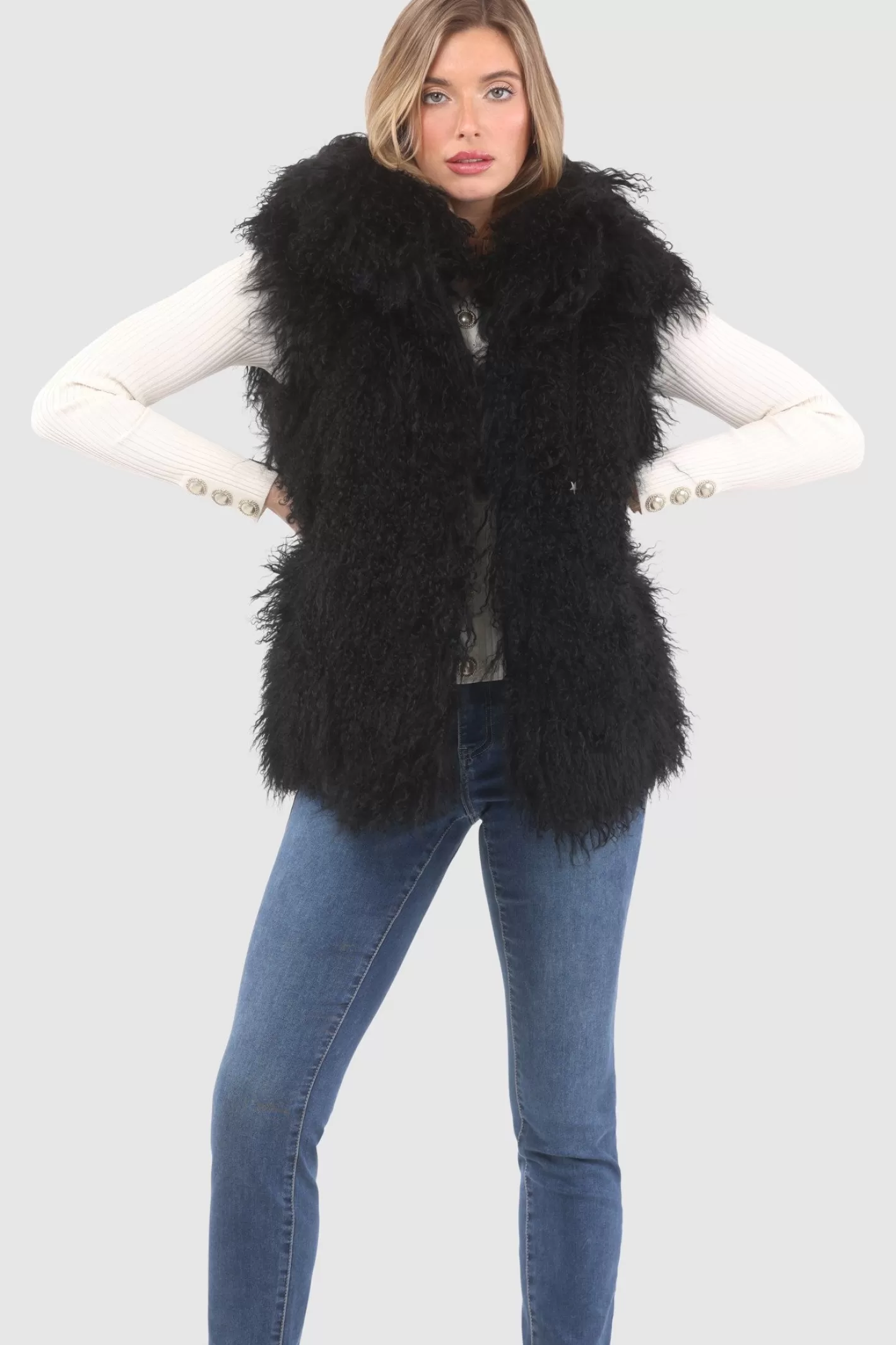 Women GORSKI Montreal Reversible Select Mongolian Shearling Lamb Vest With Loro Piana Cashmere & Wool Back