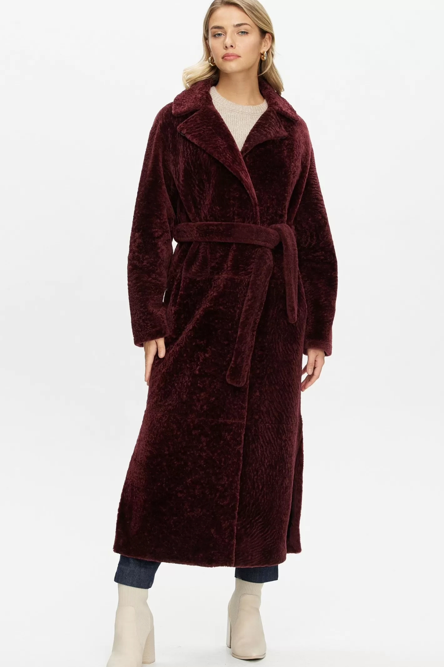 Women GORSKI Montreal Reversible Select Shearling Lamb Coat With Side Slits And Belt
