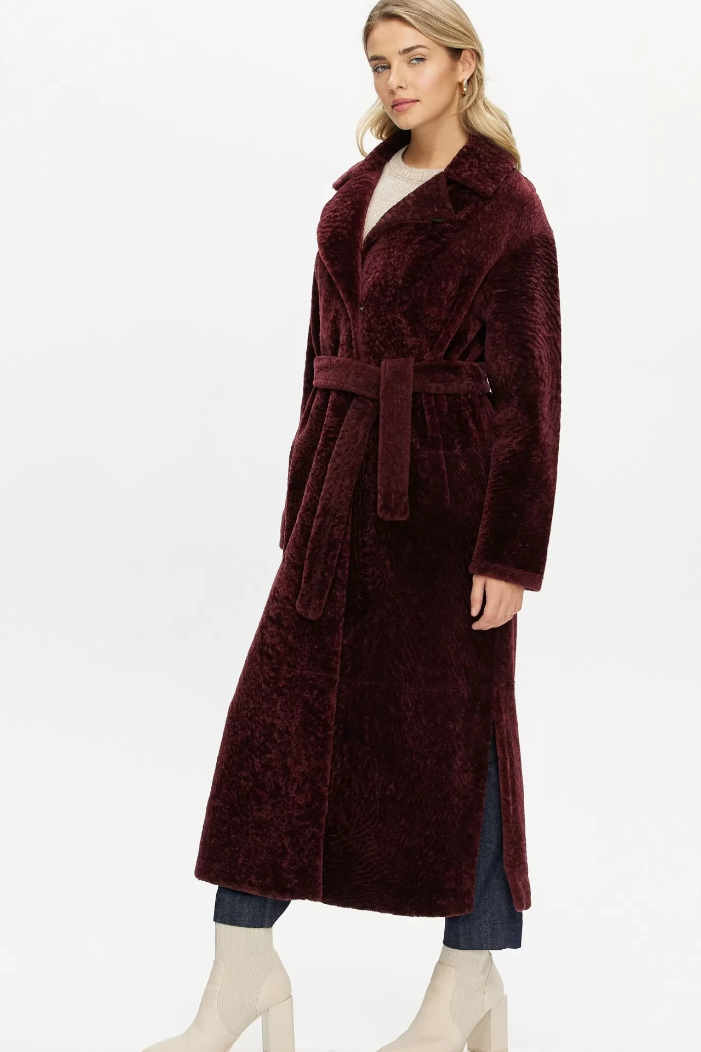 Women GORSKI Montreal Reversible Select Shearling Lamb Coat With Side Slits And Belt