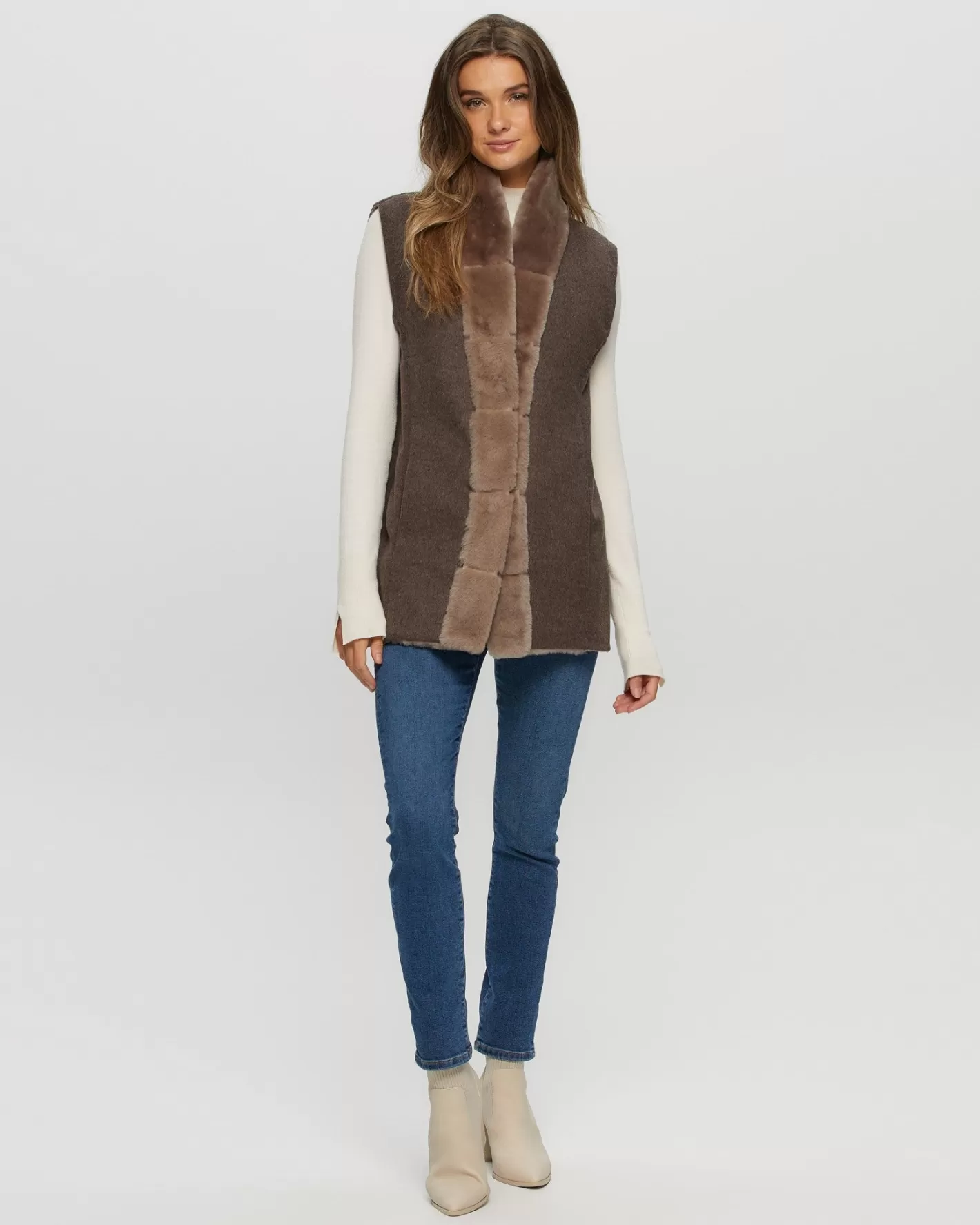 Women GORSKI Montreal Reversible Select Shearling Lamb Vest With Cashmere & Wool Back And Belt