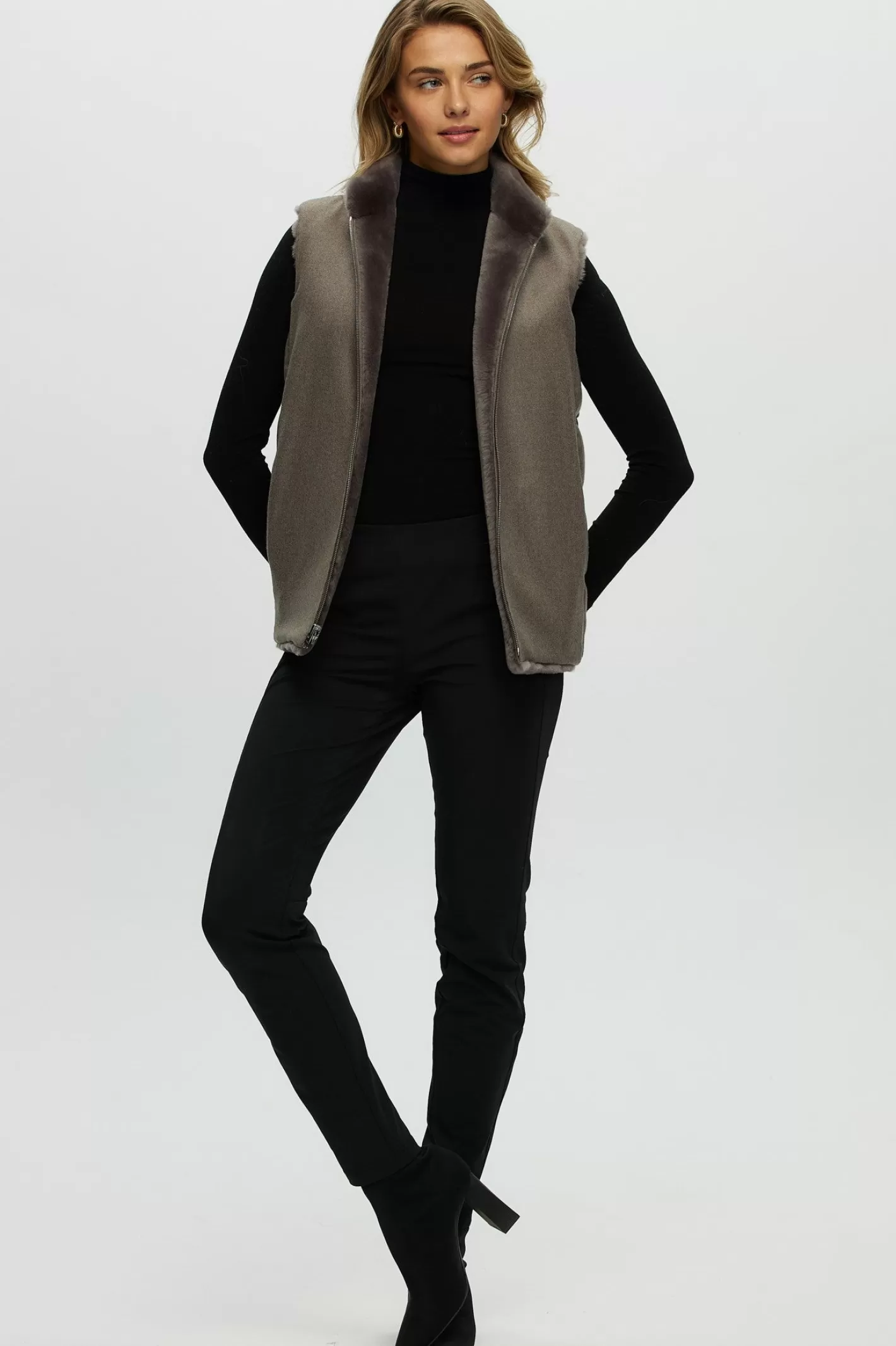 Women GORSKI Montreal Reversible Select Shearling Lamb Vest With Loro Piana Cashmere & Wool Quilted Down Back
