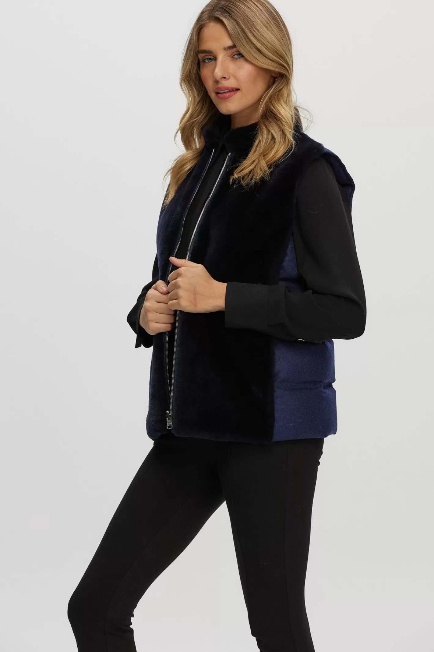 Women GORSKI Montreal Reversible Select Shearling Lamb Vest With Loro Piana Cashmere & Wool Quilted Down Back