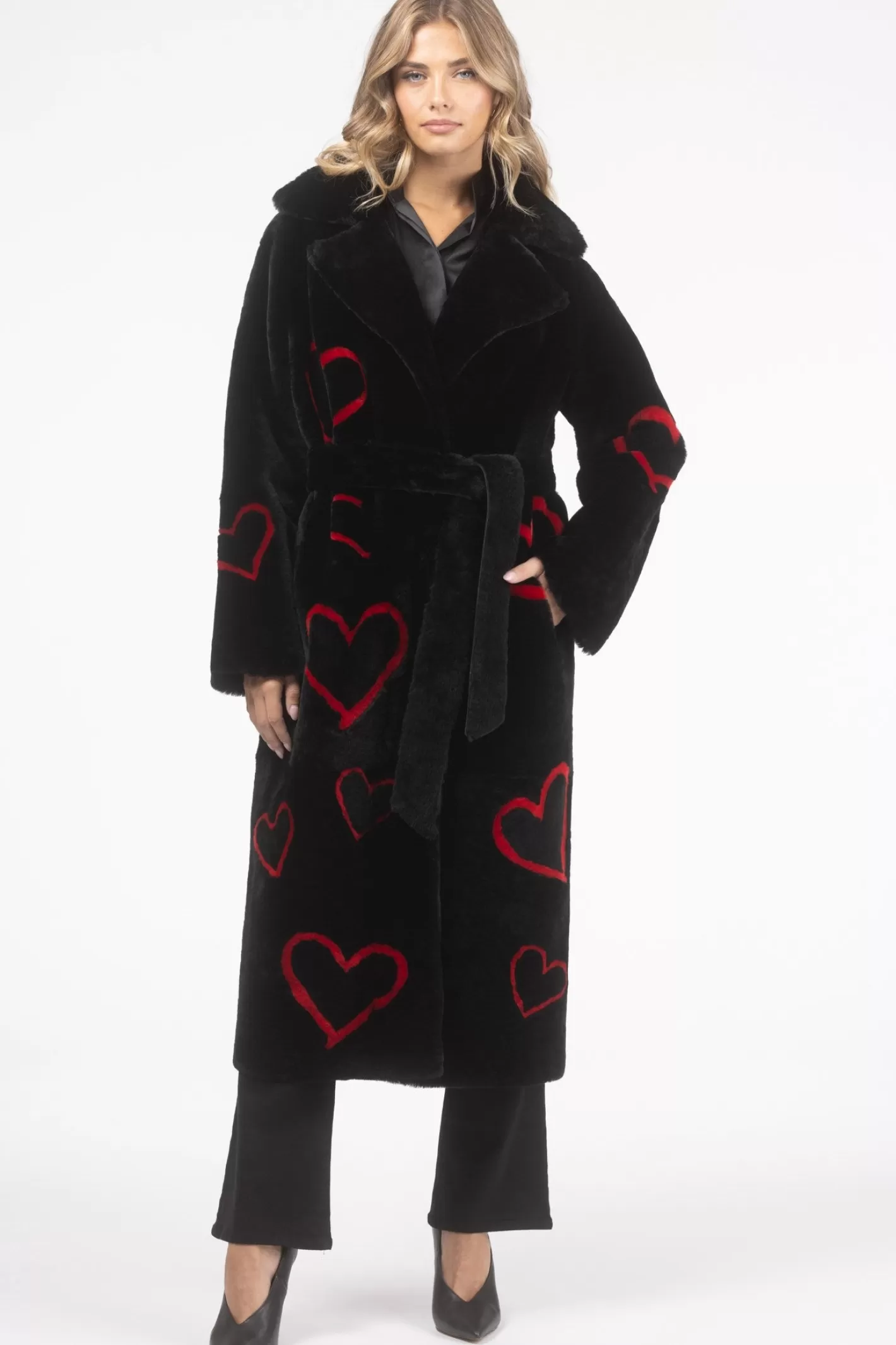 Women GORSKI Montreal Reversible Shearling Lamb Coat With Heart Intarsia, Belt