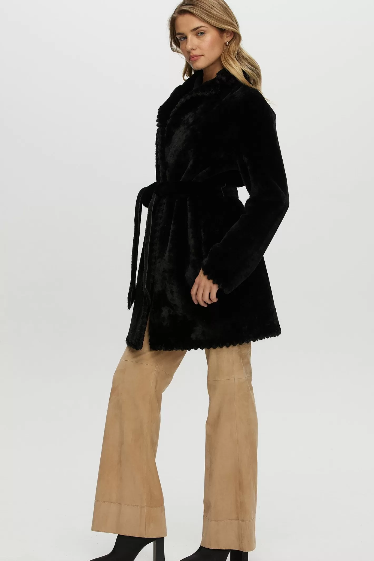 Women GORSKI Montreal REVERSIBLE SHEARLING LAMB JACKET  WITH EMBROIDERD TRIM, BELT