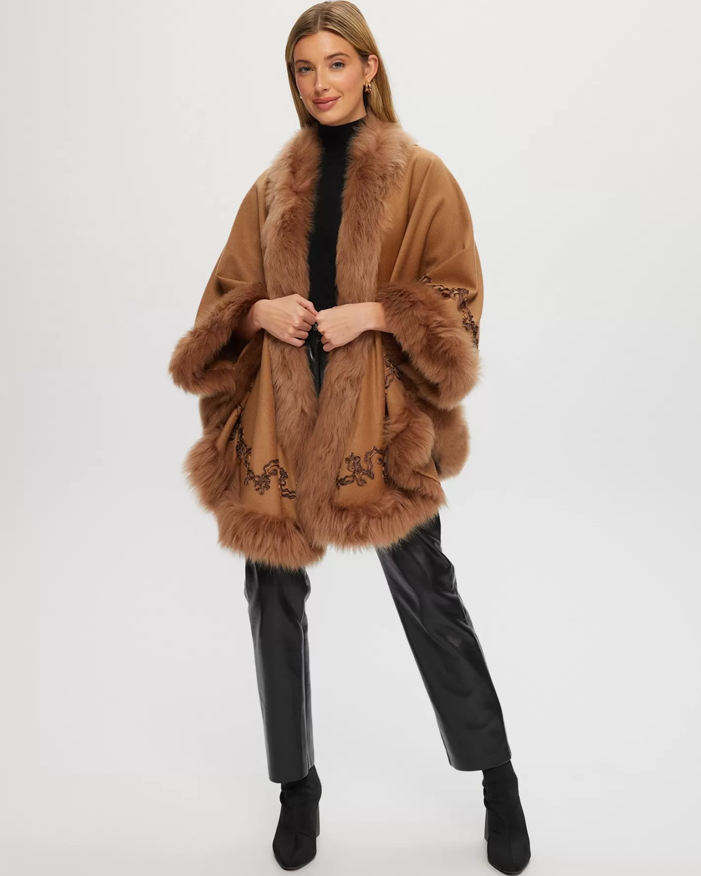Women GORSKI Montreal Select Cashmere & Wool Cape With Toscana Shearling Lamb Trim And Ribbon Embroidery