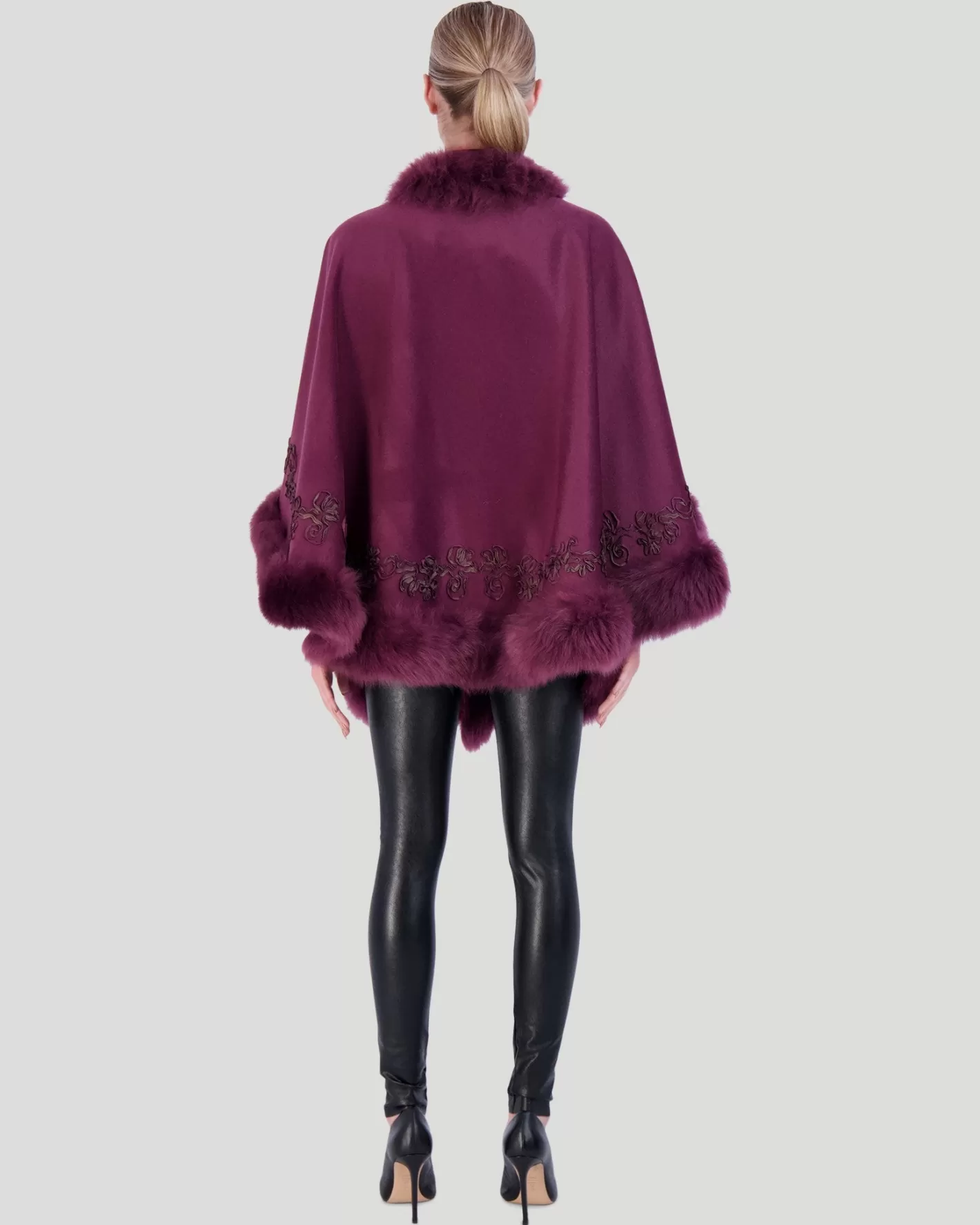 Women GORSKI Montreal Select Cashmere & Wool Cape With Toscana Shearling Lamb Trim And Ribbon Embroidery