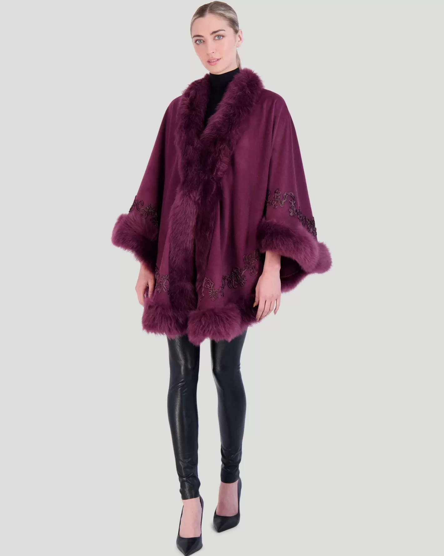 Women GORSKI Montreal Select Cashmere & Wool Cape With Toscana Shearling Lamb Trim And Ribbon Embroidery