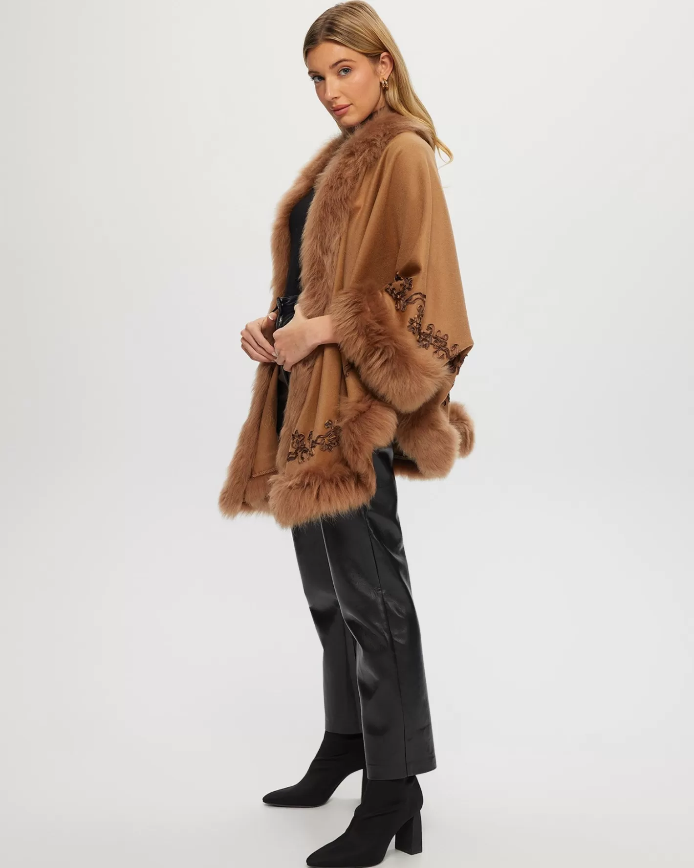 Women GORSKI Montreal Select Cashmere & Wool Cape With Toscana Shearling Lamb Trim And Ribbon Embroidery