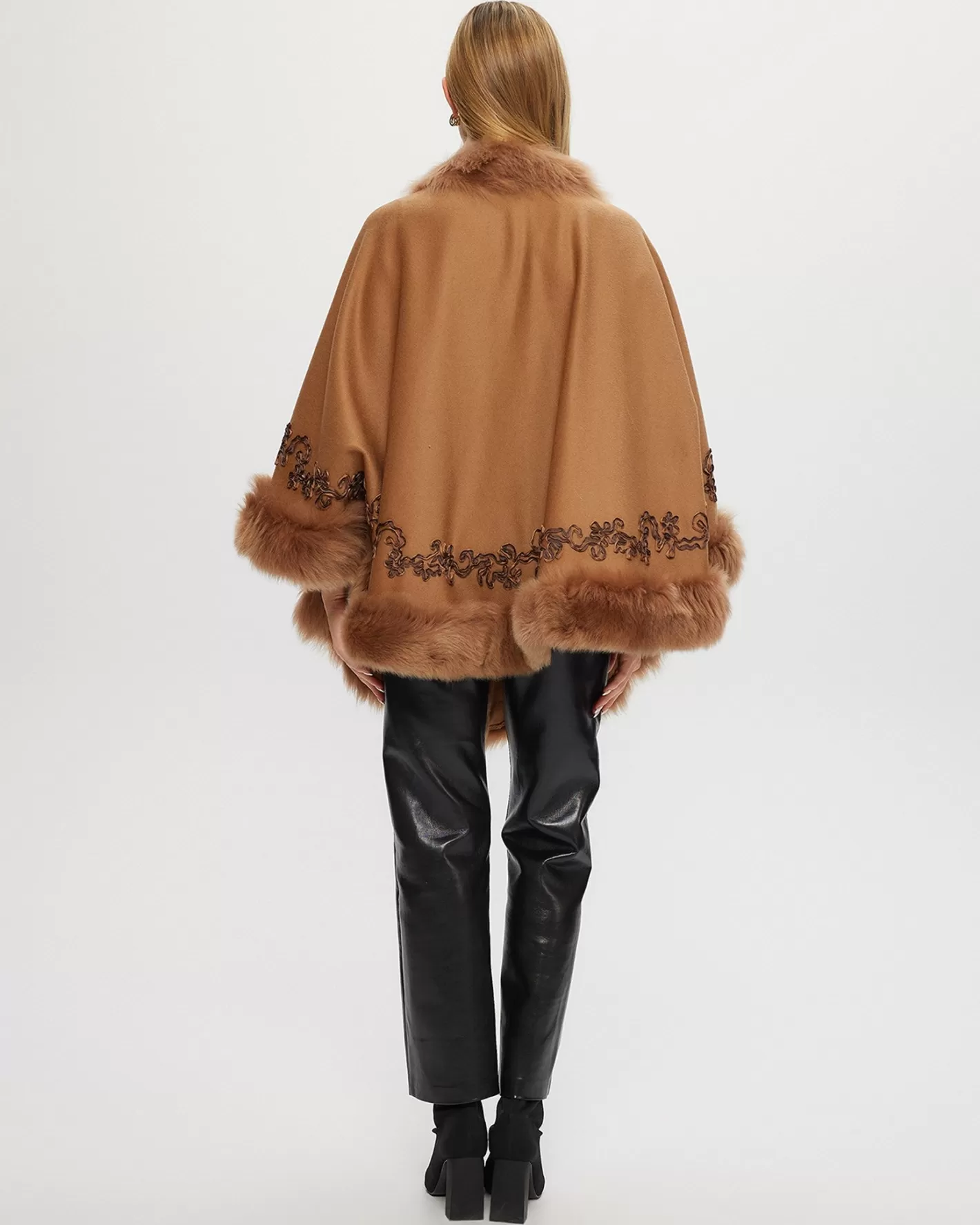 Women GORSKI Montreal Select Cashmere & Wool Cape With Toscana Shearling Lamb Trim And Ribbon Embroidery