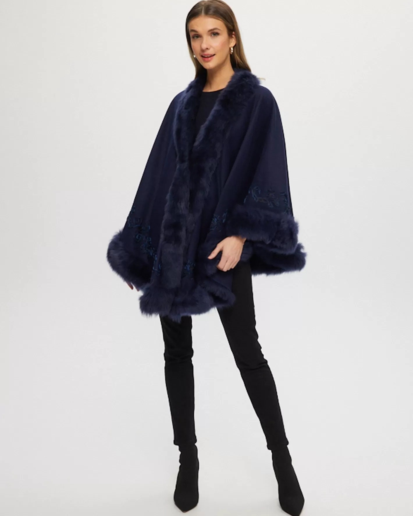 Women GORSKI Montreal Select Cashmere & Wool Cape With Toscana Shearling Lamb Trim And Ribbon Embroidery