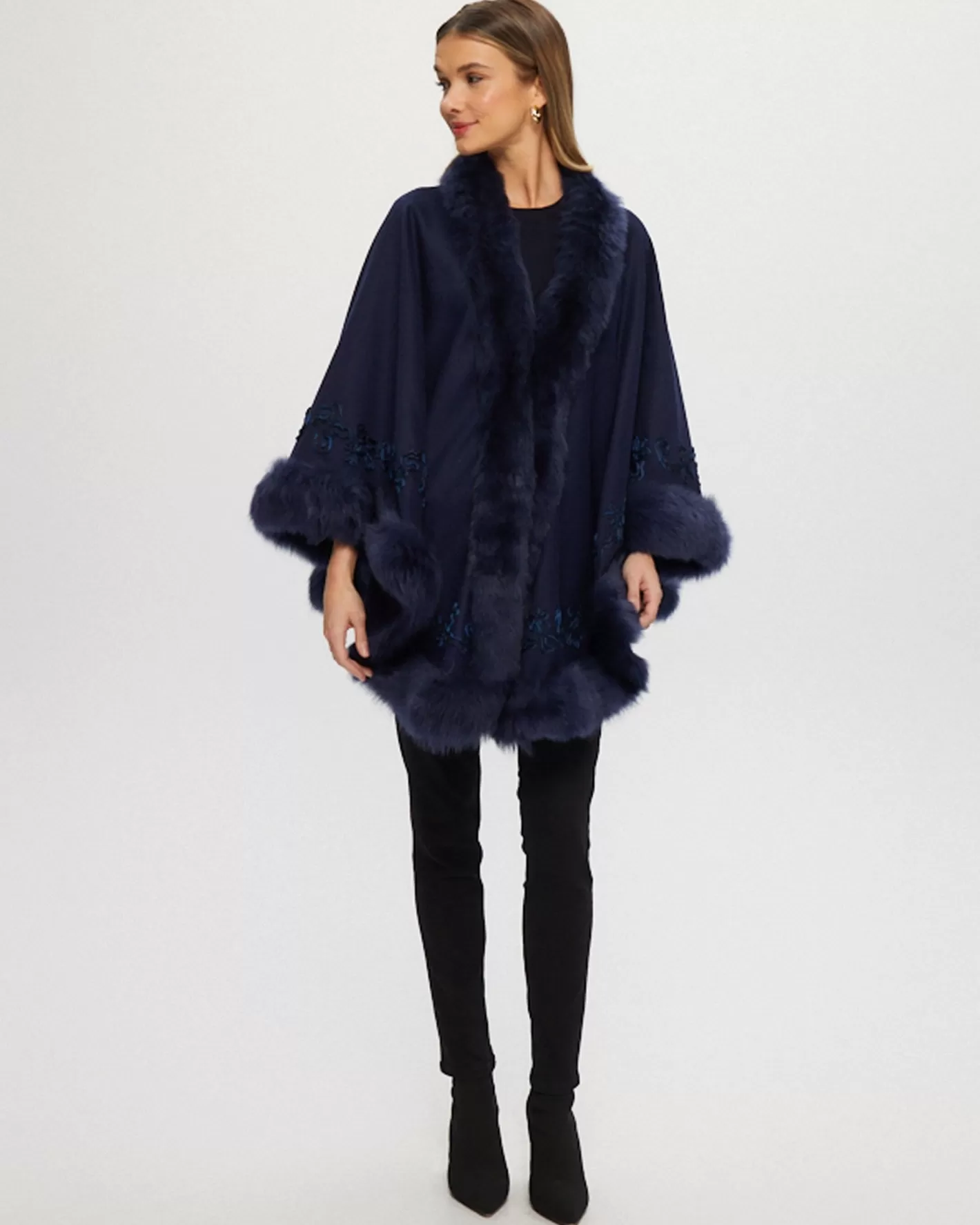 Women GORSKI Montreal Select Cashmere & Wool Cape With Toscana Shearling Lamb Trim And Ribbon Embroidery