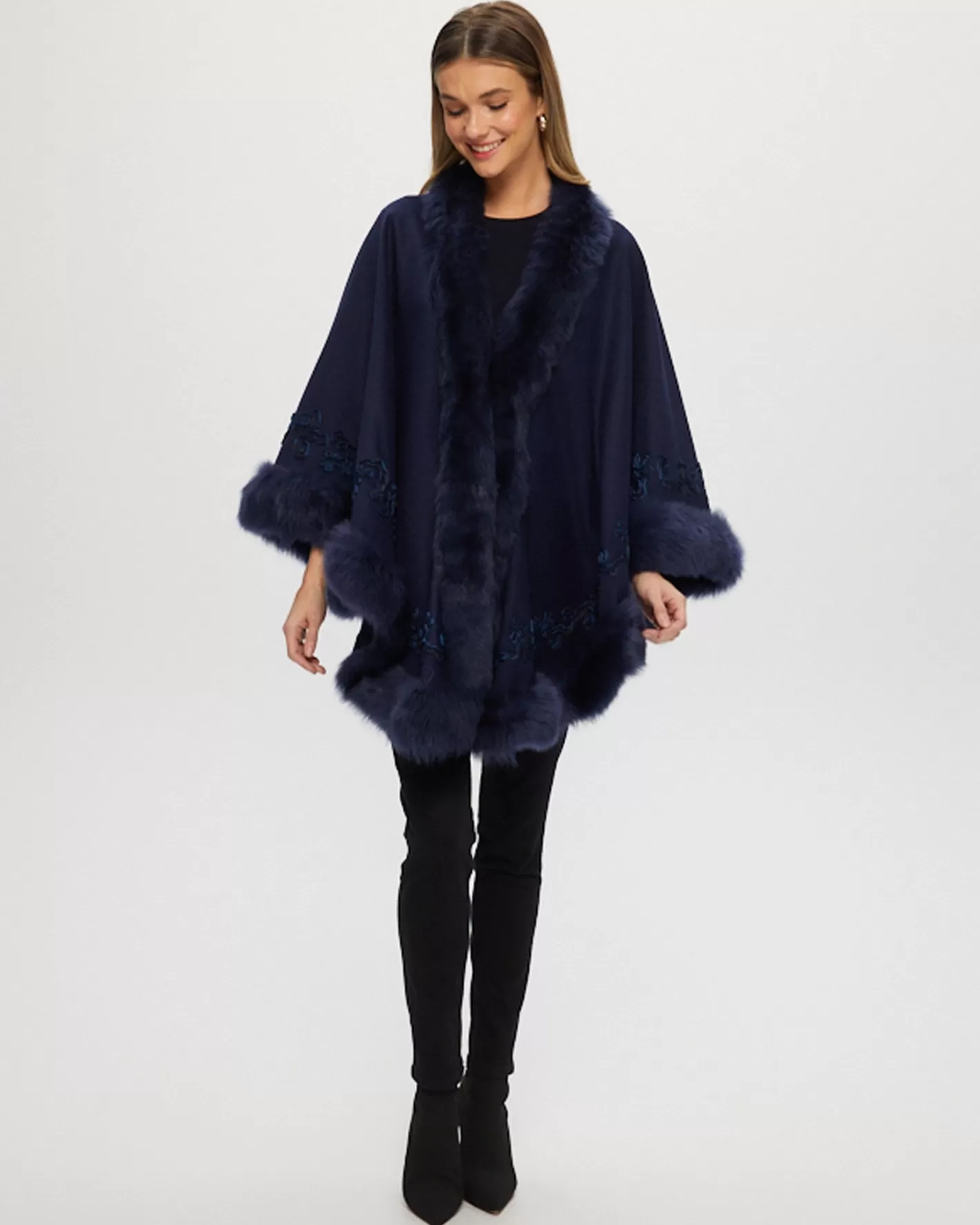 Women GORSKI Montreal Select Cashmere & Wool Cape With Toscana Shearling Lamb Trim And Ribbon Embroidery